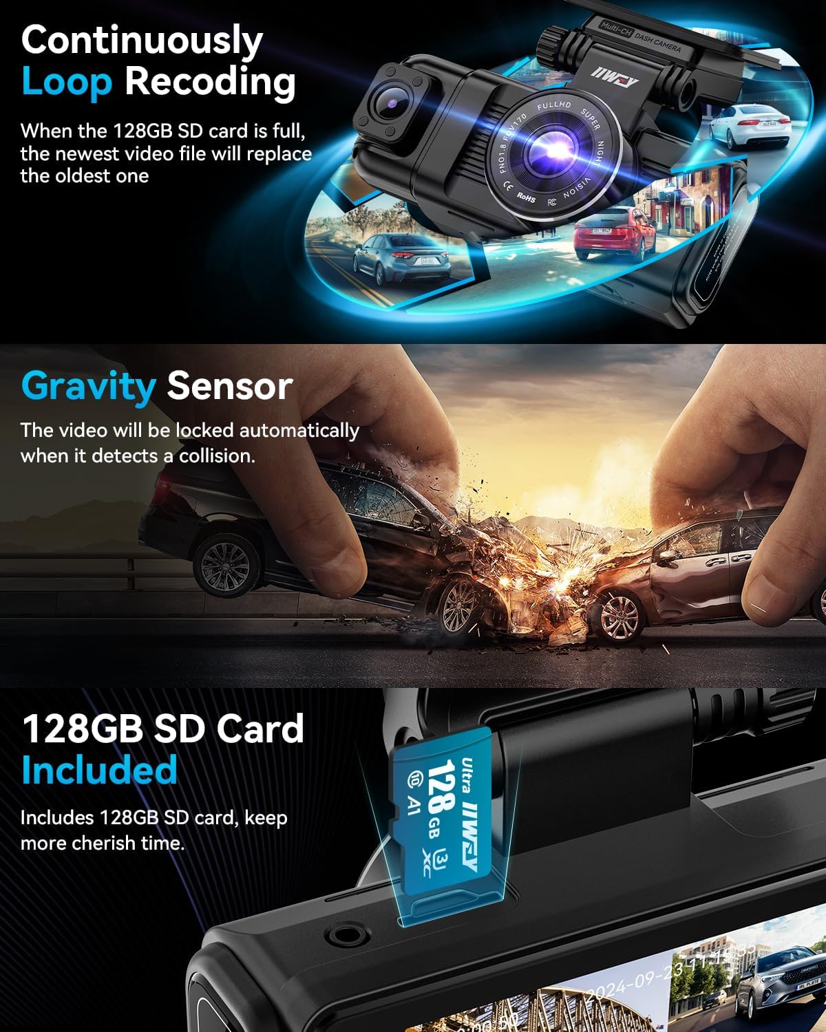 iiwey N7 3 Channel Dash Cam Front and Rear Inside 3K+1080P+1080P with 128GB SD Card, 5GHz WiFi, Rotatable Side Camera for Car, IR Night Vision, 24/7 Recording, G-Sensor, Parking Mode