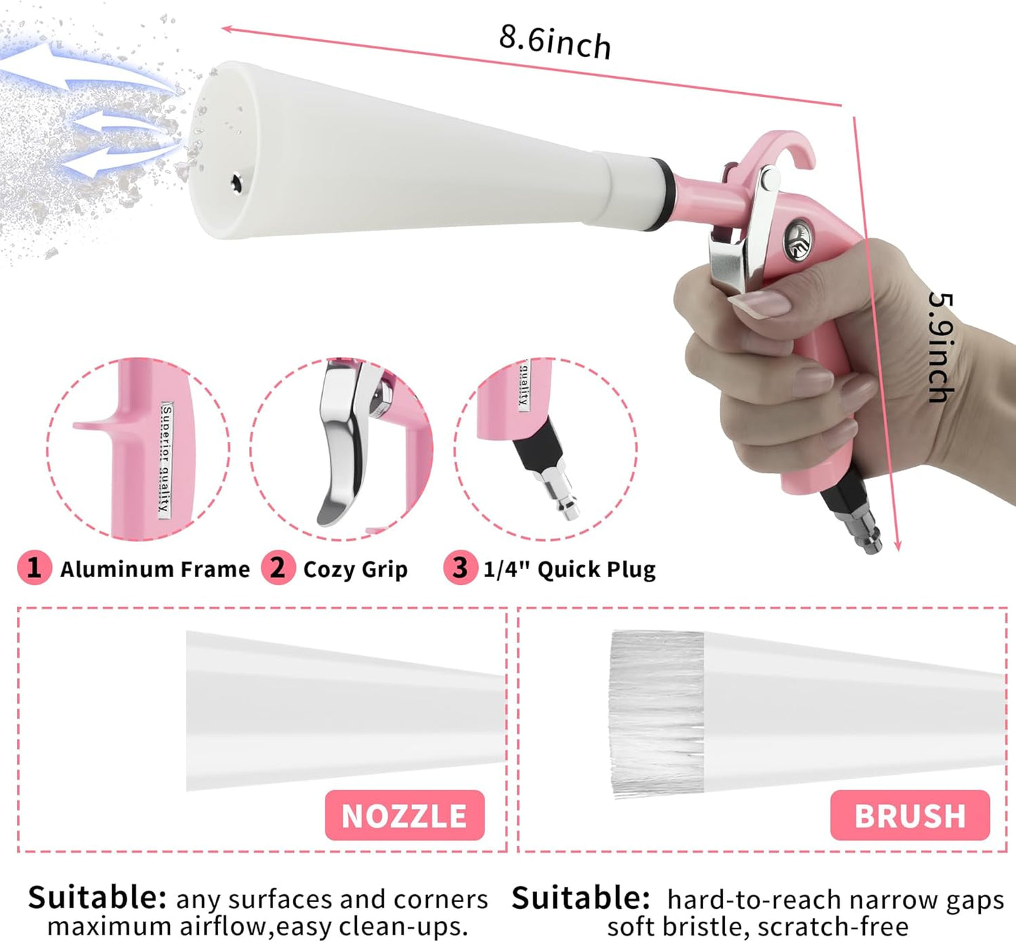 XIAOFENG Tornado Dry Cleaning Gun Detailing Interior Dryer Air Blow Gun with 2 Set Nozzle High Pressure Car Drying Blower Gun for Women Car Quickly Blasts Dirt and Dust from Surface Pink