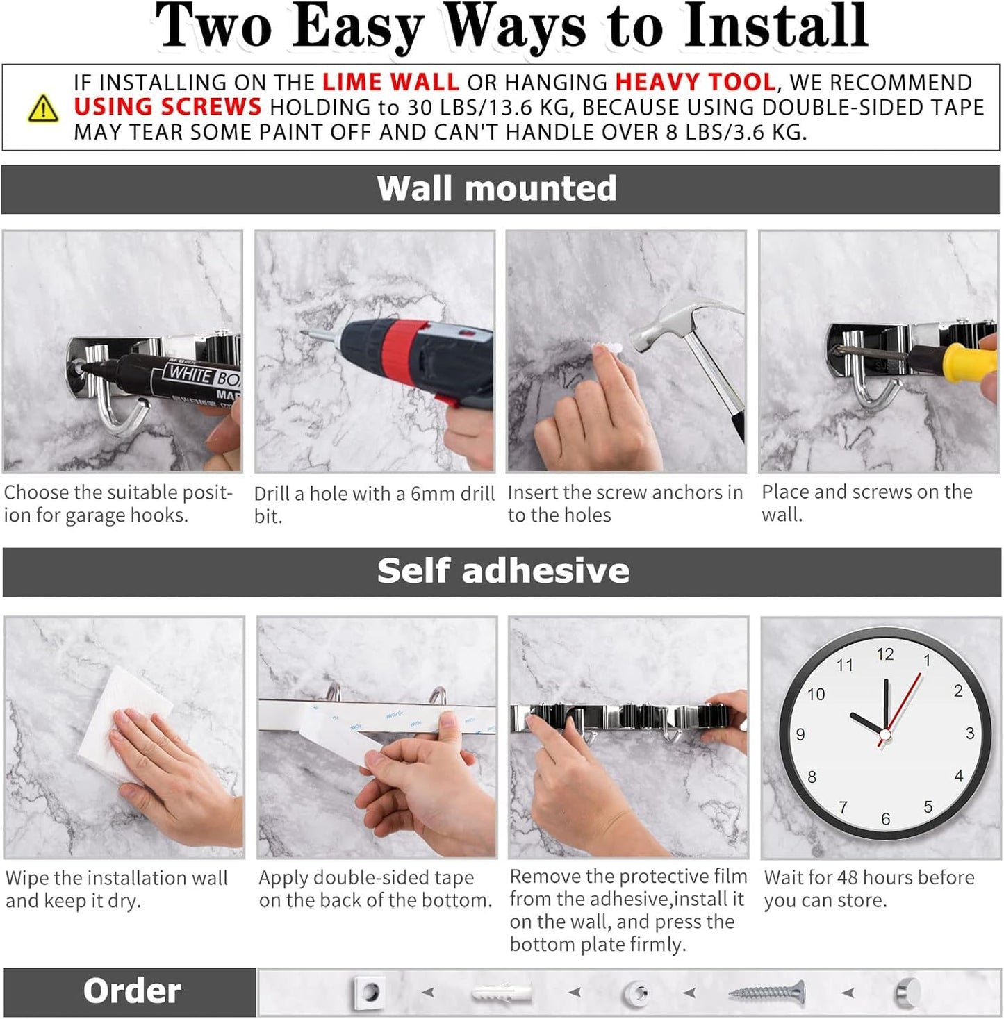 2 Pack 3 Racks and 4 Hooks Broom and Mop Holder Wall Mounted Garage Organizer Storage Tool Racks Stainless Steel Heavy Duty Hooks Self Adhesive Solid Non-slip Wall Hangers for Home Kitchen Garden