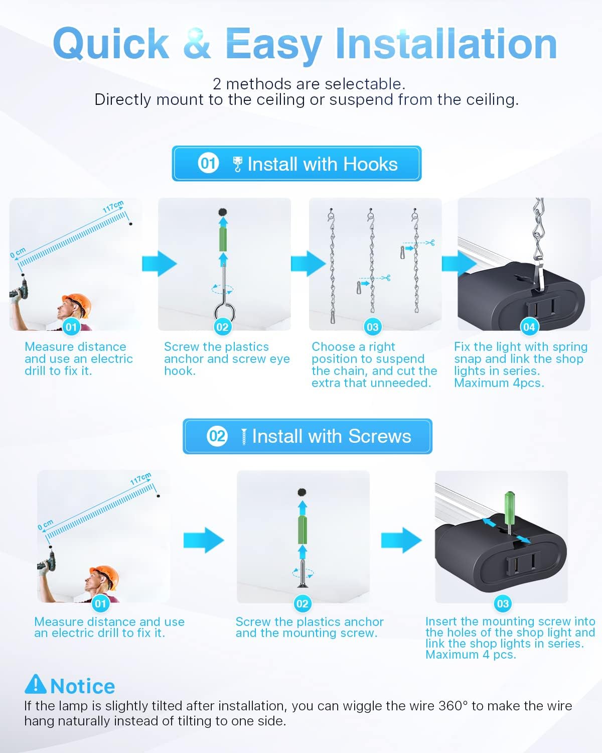 Ensenior 4 Pack Linkable LED Utility Shop Light, 4 FT, 4400 High Lumens, 36W Equivalent 280W, 5000K Daylight, 48 Inch Shop Light for Garage, Surface or Hanging Mount, Black, ETL Certified