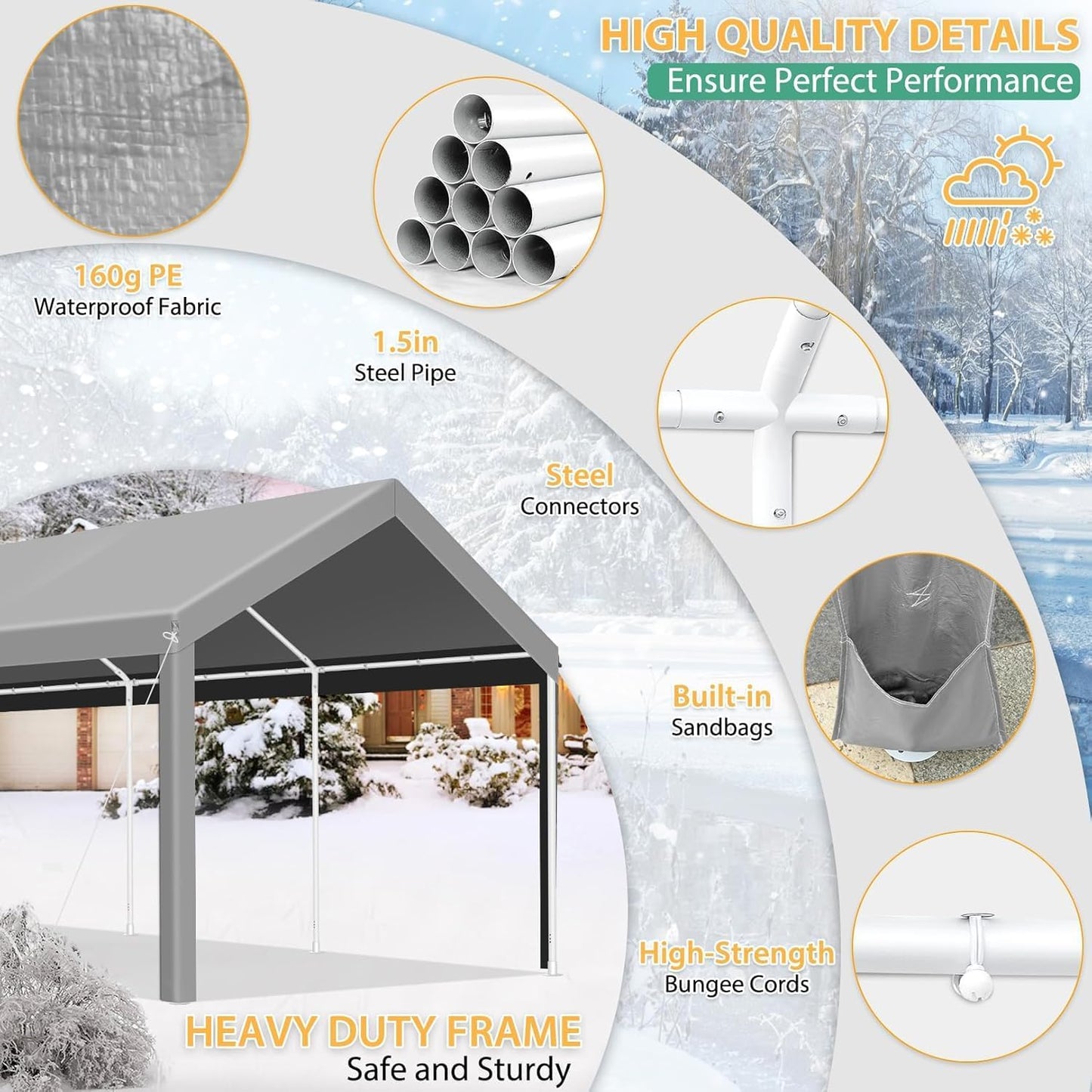 COBIZI Carport 10x20ft Heavy Duty Portable Garage, 2.0 Powder Coated Frame(Better Than Galvanized), Waterproof Shelter with Removable Sidewalls & Windows, Built-in Sandbags, for Car/Boat/SUV, Gray