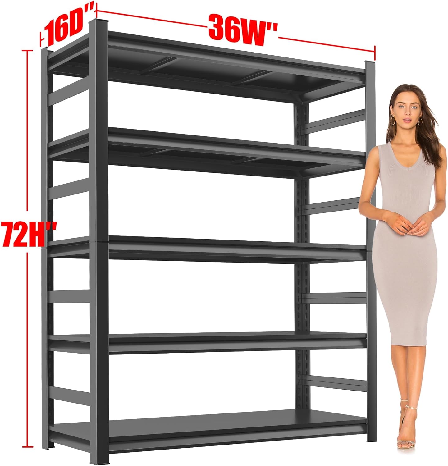 Metal Garage Shelving Unit, Heavy Duty 5-Tier Adjustable Storage shelves, Steel Shelving, 3000 lbs Capacity, Industrial Shelves for Heavy Tools and Equipment, Ideal for Garage, Basement, Black, 72"