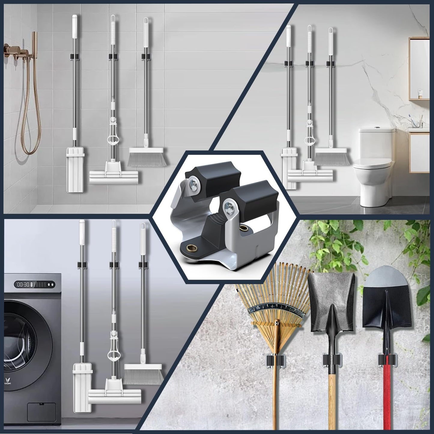 3-H 6 Pack Mop and Broom Holder Big Size Hanging 1 KG Extra,Broom Holder Wall Mount for Hanging and Organizing Shove Rake Yard Tools in Kitchen Shed Laundry Room Bathroom Garden(black)