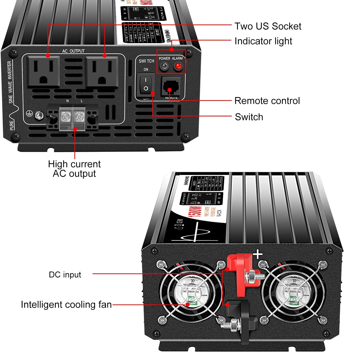 Xijia 1500W(Peak Power 3000W) Pure Sine Wave Solar Power DC 12V Inverter AC 120V 60HZ Solar Converter for Home Use car (DC12V (Range 10V-15V) 1500W)