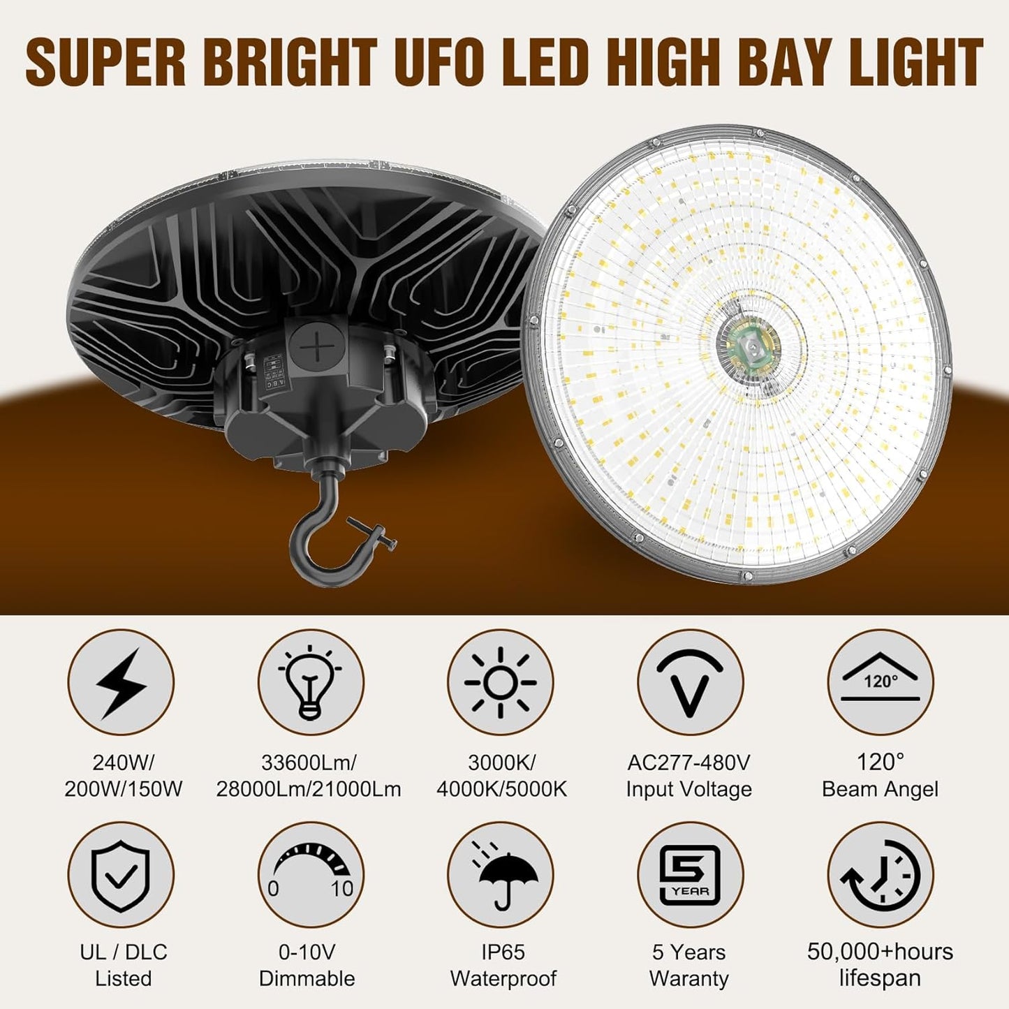 480V UFO LED High Bay Light 240W 200W 150W Adjustable, UL DLC Listed Dimmable High Bay LED Shop Lights 3000K 4000K 5000K, IP65 Waterproof Commercial Bay Lighting for Warehouse Factory