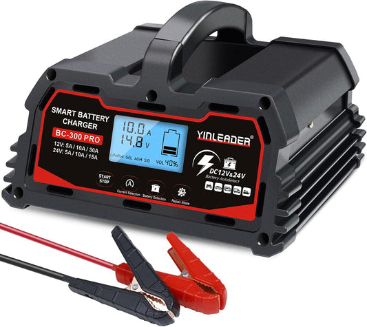 Battery Charger 30A, 12V/24V Lead Acid Smart Battery Charger, 12V LiFePO4 Car Battery Trickle Charger, Automatic Battery Maintainer for Car Motorcycle Lawn Mower Marine Boat Lead Acid Batteries