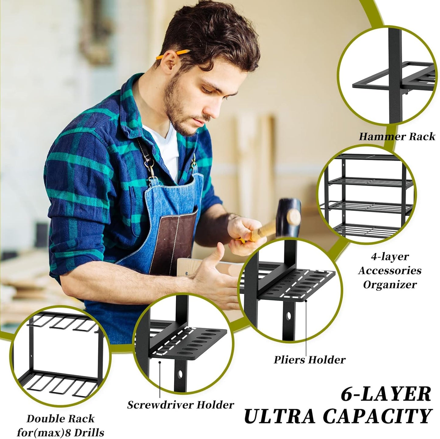 KAFAHOM Power Tool Organizer,8 Drill Holder Wall Mount,6 Layer Heavy Duty Metal Tool Storage Rack,Large Utility Tool Shelf for Cordless Drill, Garage Wall Organizer for Lifetime Use