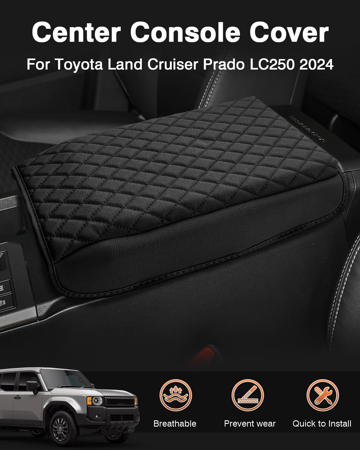 Shademax Center Console Cover for Toyota Land Cruiser Prado LC250 2024 2025 2026 Accessories, Prado LC250 Armrest Cover Cushion Pad Console Armrest Seat Box Protector PU Leather Anti-Scratch Black