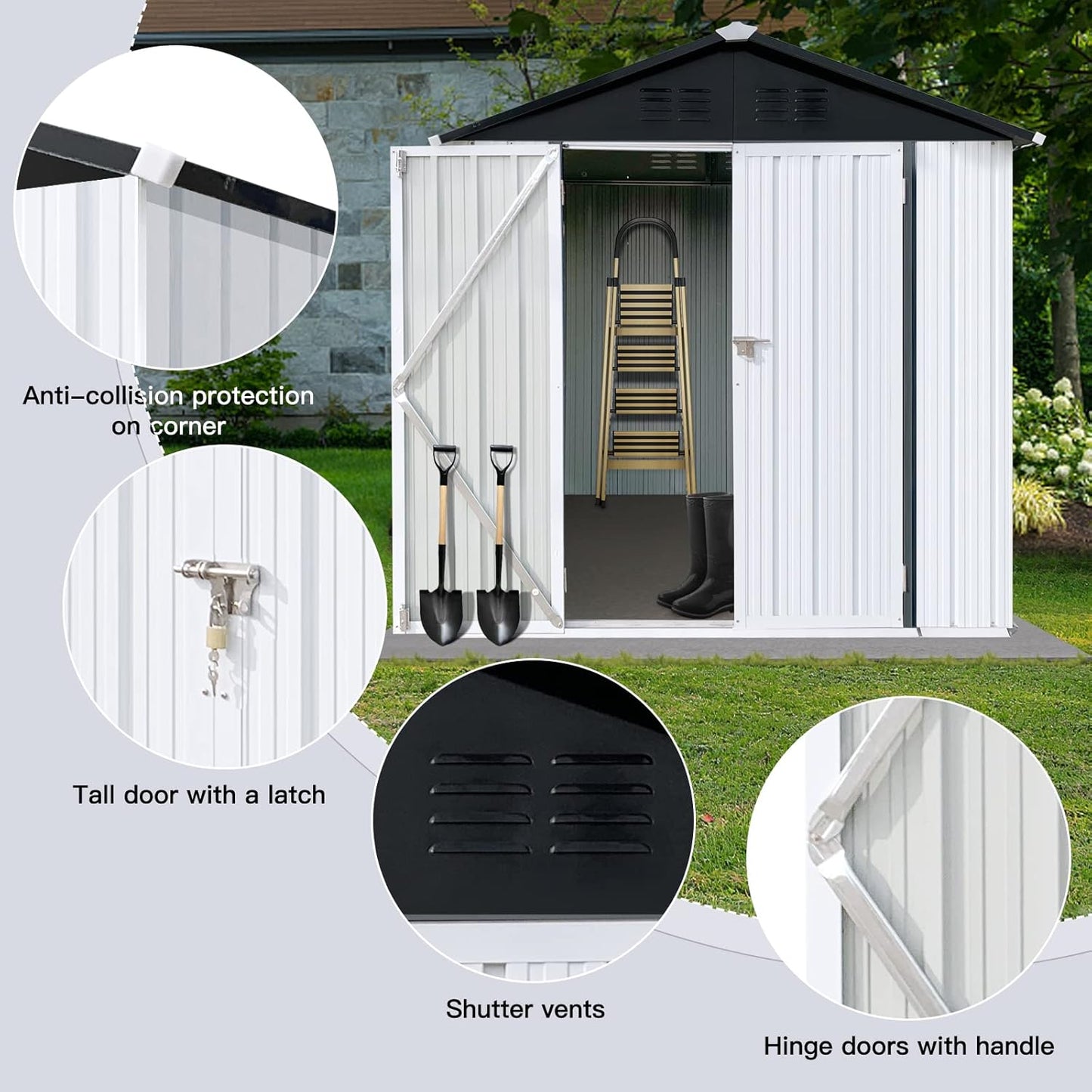 4x6 FT Outdoor Metal Storage Sheds with Apex Roof,Single-Storey Waterproof Roofed Structure Garden Shed w/Lockable Doors,for Lawn Equipment Tool Sundries,White+Black