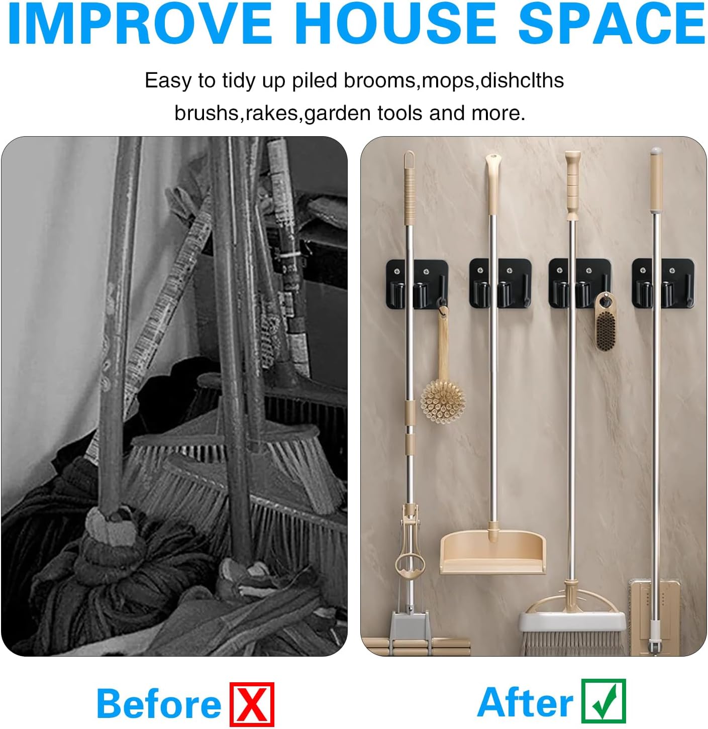 5 Pack Broom Holder Heavy Duty Stainless Steel Broom Hanger with Hooks Screw Drilling Rust Resistant Mop and Broom Holder Wall Mount for Bathroom Kitchen Laundry Room Garage - Black