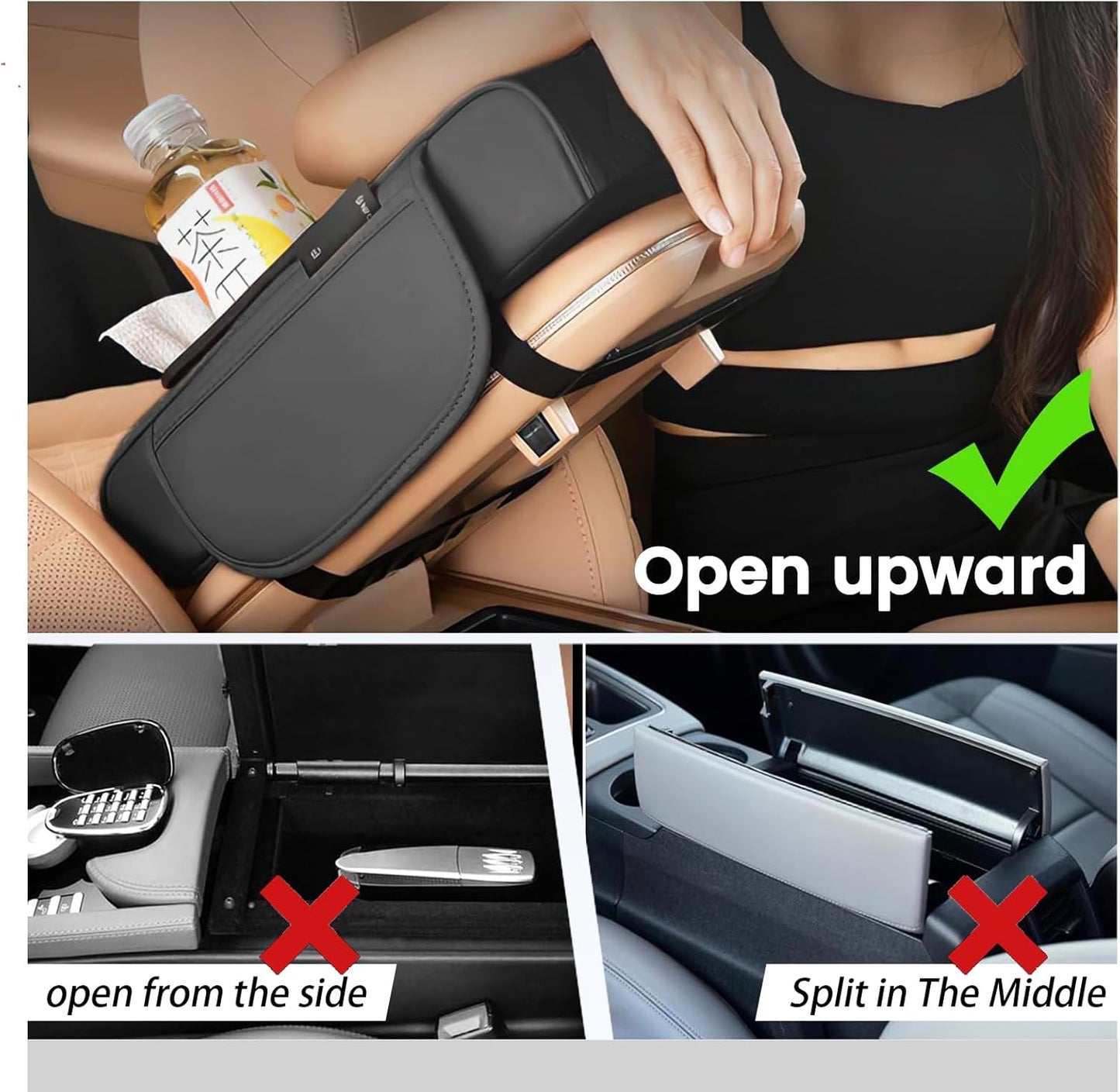 Car arm Rest Cover Pad, 5-in-1 Center Console Cover with Cup Holder, Tissue Box Slot, Mobile Phone Storage Slot, Suitable for Most Car Console Organizer, 13.8''x7.1''x3.0'', (Black)