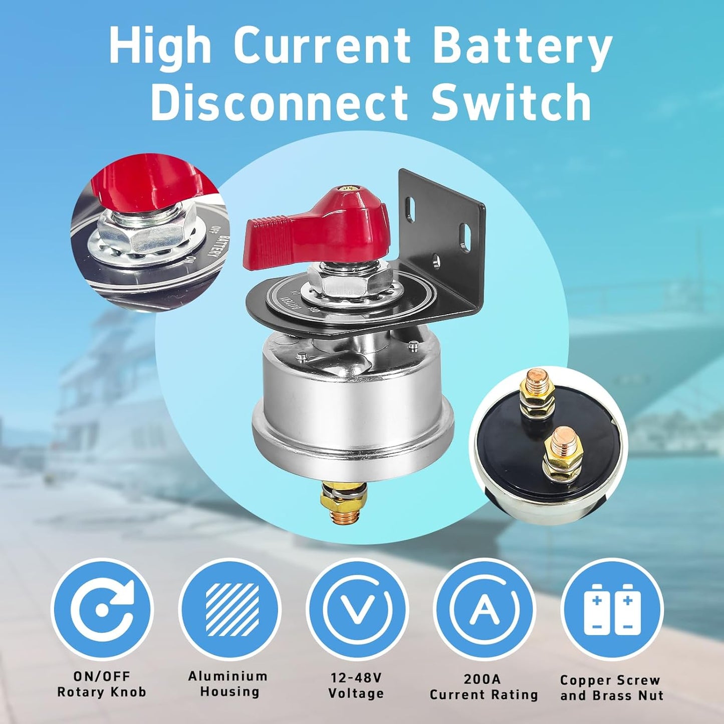 High Current Battery Disconnect Switch 200A,12-48V Battery Power Cut Off Isolator Switch with Face Plate for Car Yacht ATV RV Truck(Red)