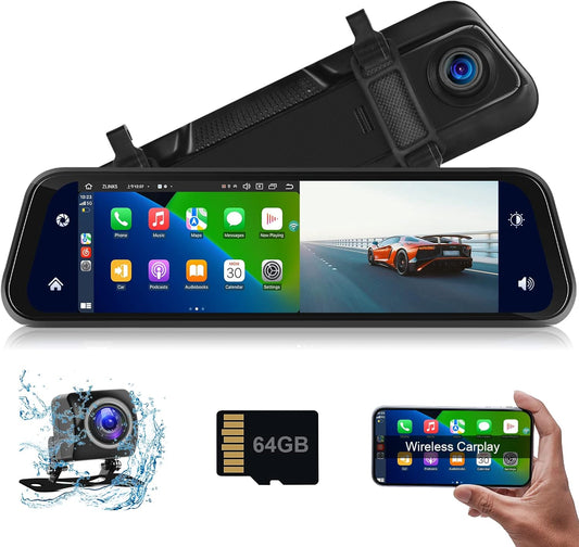 Car in-Mirror Mounted Dash Cam with Front & Rear View Camera Wireless Carplay Android Auto Car Driving Recorder with 9.66 Inch IPS Touchscreen Support DVR Voice Control Bluetooth Call FM Transmitter
