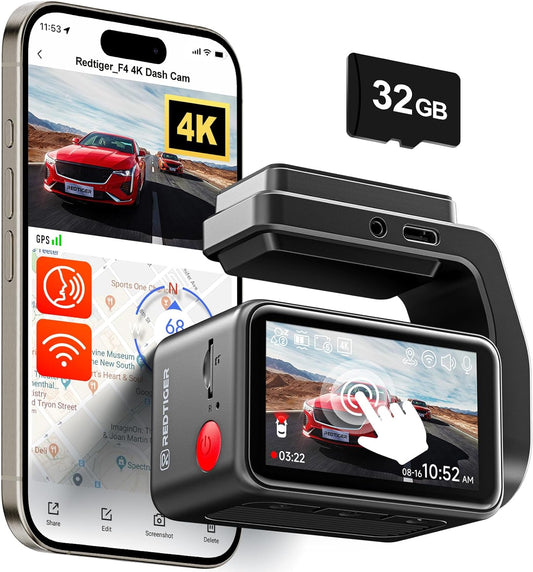 REDTIGER F4 4K Dash Cam Front, 2.2 inch Mini Car Camera, 2160P UHD Touch Screen, Voice Control, Included 32GB Card, Night Vision, Built-in GPS, WiFi APP Control, Loop Recording, 24H Parking Monitor