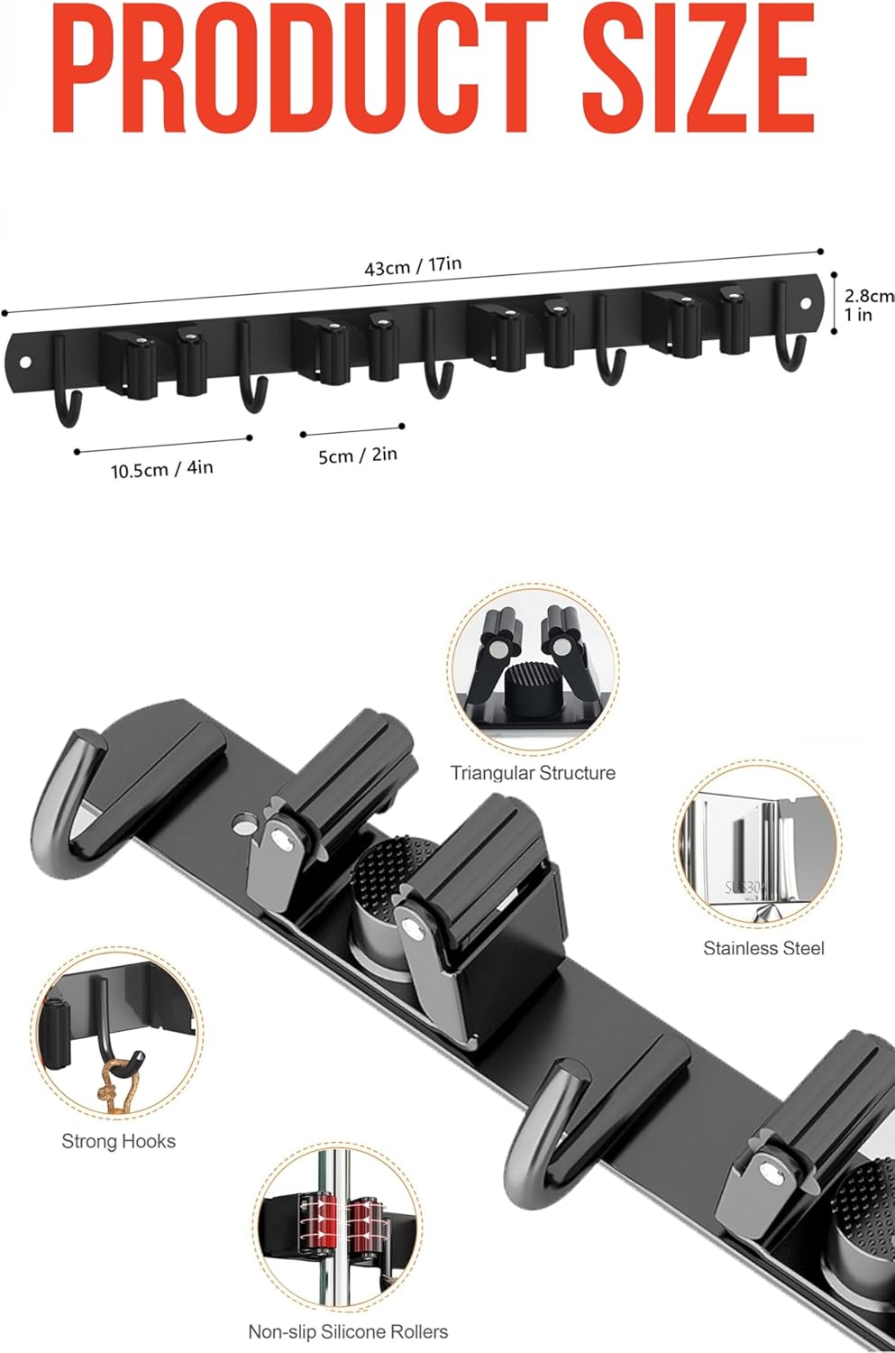 Mop and Broom Holder Wall Mount, Upgraded Broom Hanger Wall Mount, Stainless Steel Broom Organizer for Closet Garage Laundry Room Kitchen Wall Decor(4Racks 5Hooks Black)