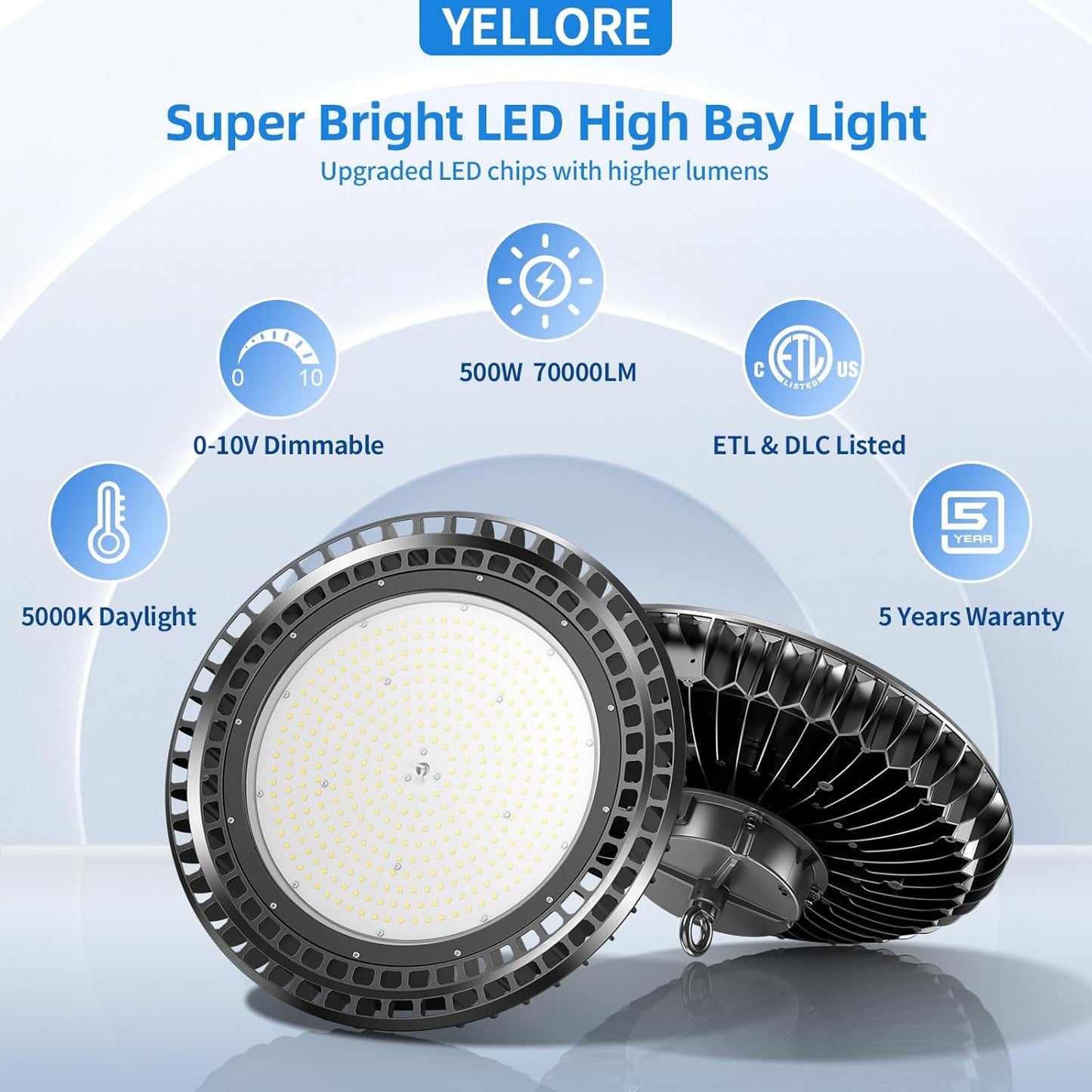 500W LED High Bay Light 72,500LM DLC ETL Listed Industrial Grade UFO Light Dimmable IP65 Waterproof 5000K Commercial Bay Lighting for Warehouse Garage Factory 110V 120V