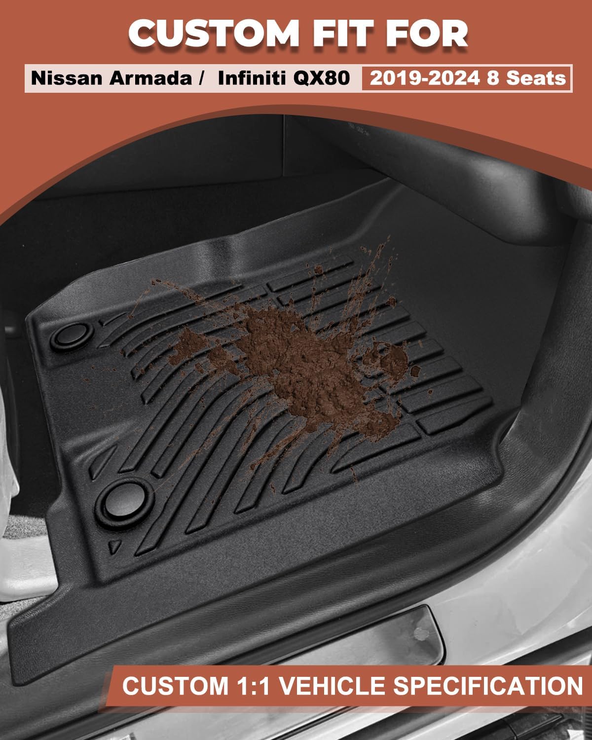 Custom Fit All-Weather TPE Ruber Floor Mats for Nissan Armada/Infiniti QX80 2019-2024 | Waterproof, Anti-Slip Front & Rear Row Floor Liners Automotive Accessories | 3-Piece Set (Black)