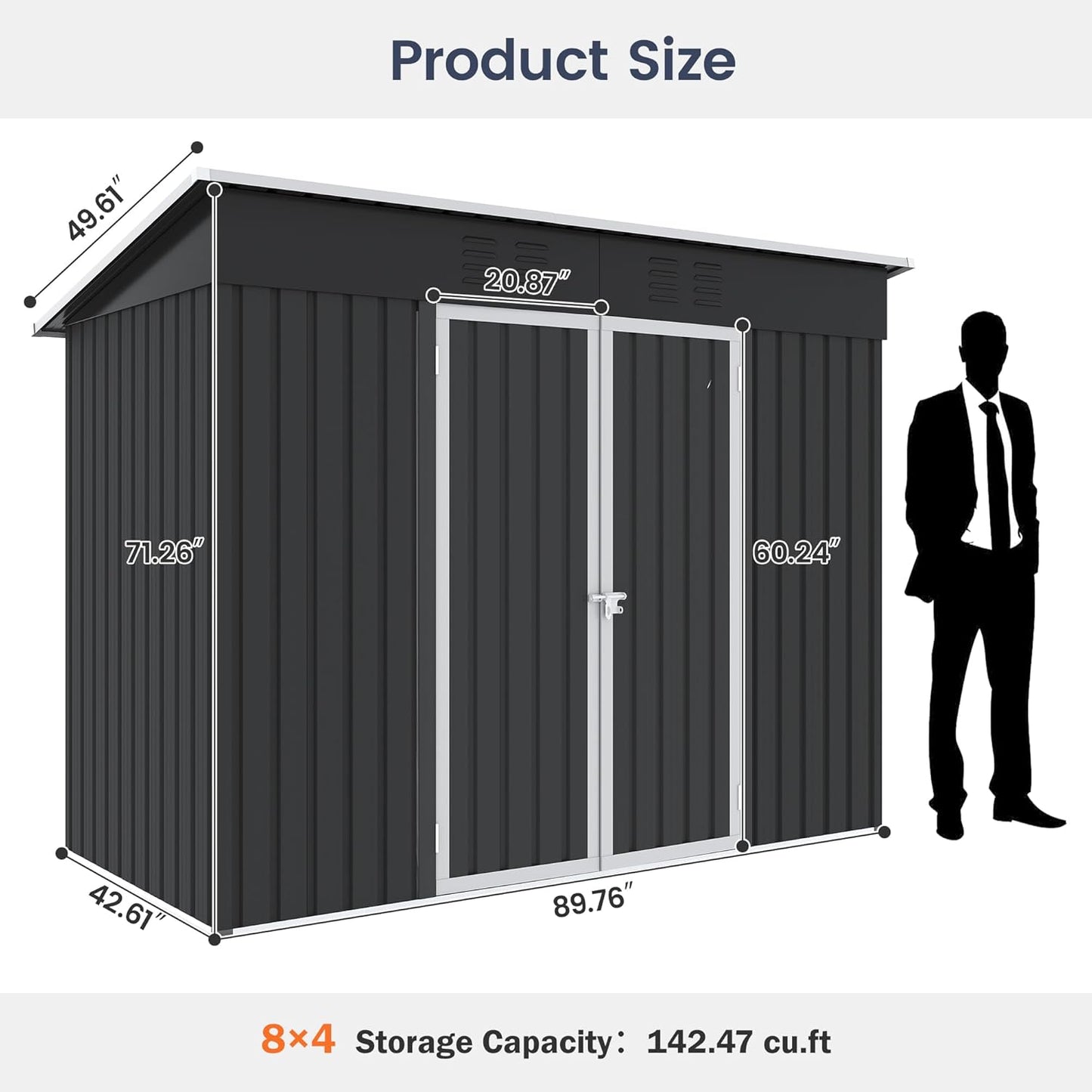 UDPATIO Outdoor Storage Shed 8x4 FT, Outside Sheds & Outdoor Storage Metal Galvanized Steel Yard, Patio, Lawn, Tool Shed with Lockable Door for Can, Bike, Lawnmower,Dark Grey