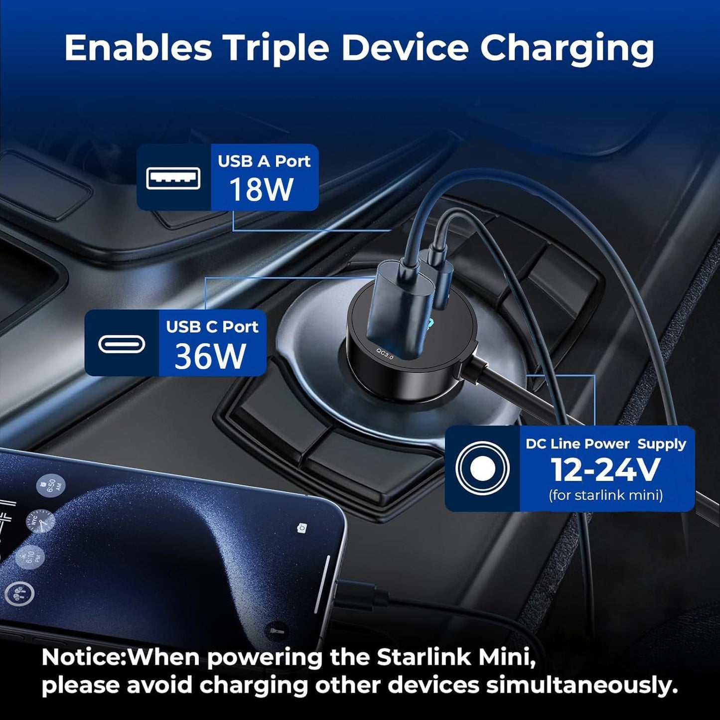 3 in 1 Starlink Mini Cable 10FT, Starlink Mini Car Charger DC Power Cable+Cigarette Lighter Adapter 12V-48V with Digital Display, Durable USB C PD 36W/USB A 18W Ports for Trucks and Cars