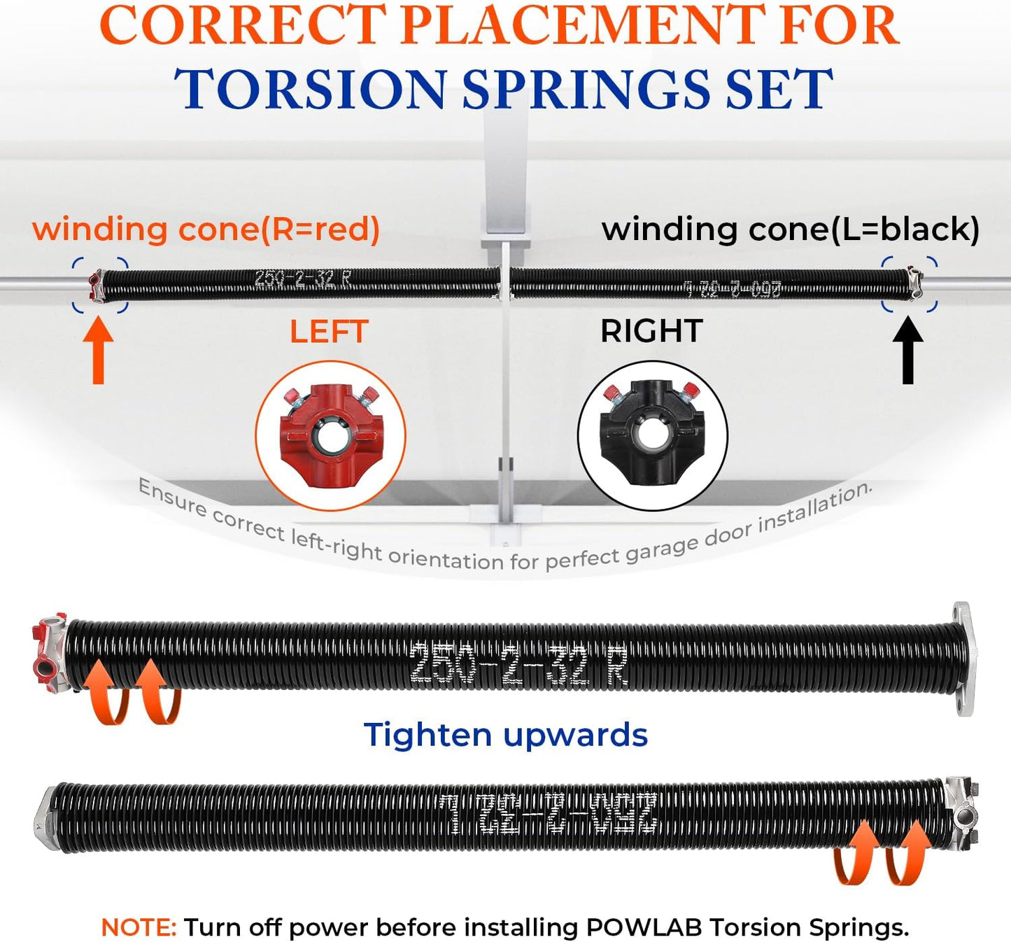 Pair of 2" Garage Door Torsion Springs (0.250'' X 2‘’ X 32‘’) with Non-Slip Winding Bars & Gloves, Heavy-Duty Replacement, 18,000 Cycles, High Precision Electrophoresis Black Coated