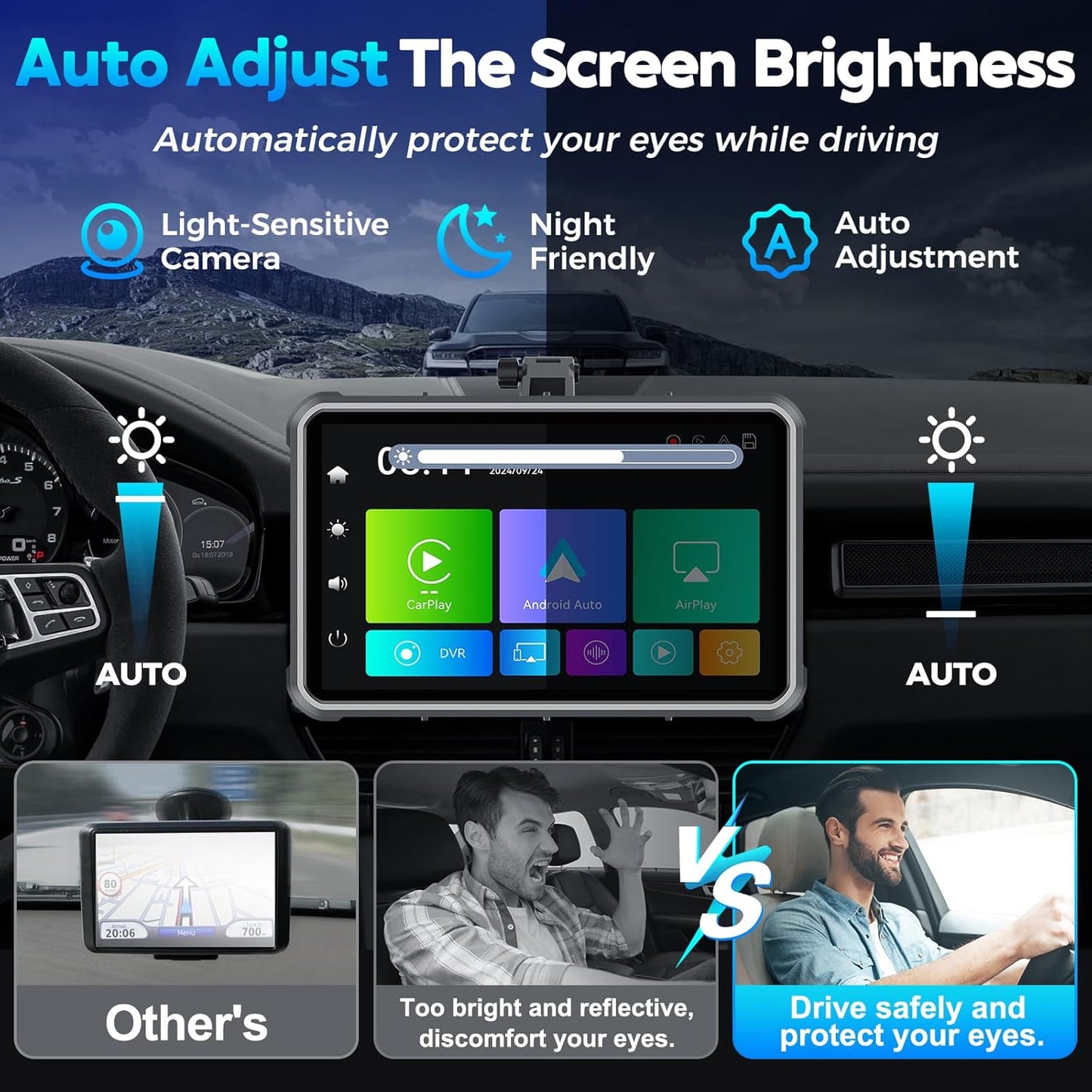 Portable Apple Carplay Screen for Car, 8" Wireless Android Auto Screen with 4K Dash Cam & 1080P Backup Camera, Secure Strong Bracket, Navigation, Bluetooth, Mirror Link, Fits All Vehicles