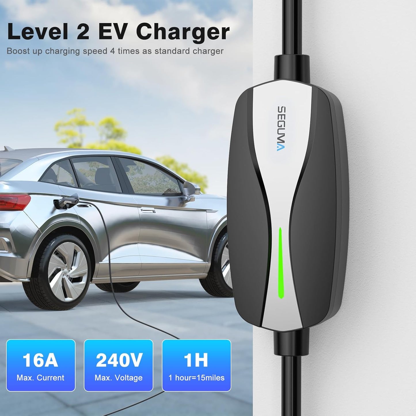 Level 1/2 EV Charger, 16Amp Electric Car Charger 25FT Cable with NEMA 6-20 Plug and NEMA 5-15 Adapter, Home Mobile EV Charging Station for J1772 BEVs/PHEVs 110V-240V(Black)