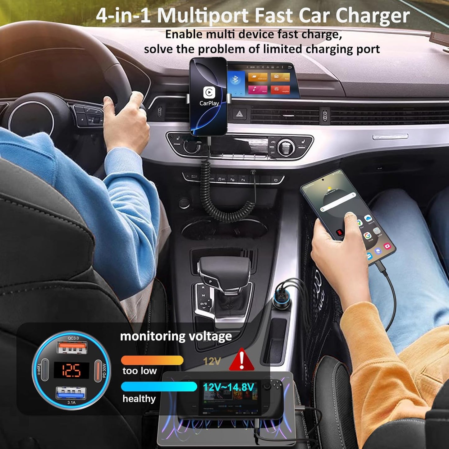 USB C Car Charger, 4-Port 65W Dual 12V USB-A & USB-C Car Phone Charger with Voltmeter PD/QC 3.0 Fast Charging Cigarette Lighter Adapter for iPhone 16e 15 14 13 12 11 Pro Max,Samsung, Android(Black)