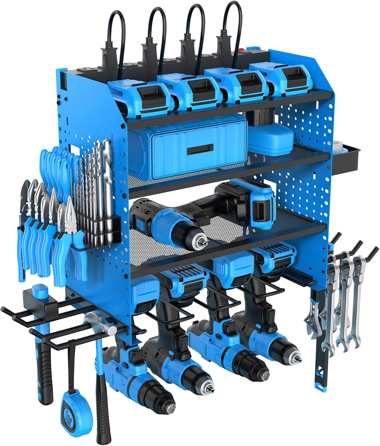 Heavy Duty Power Tool Organizer Wall Mount with Charging Station, 4 Layer Garage Storage Adjustable Shelves Height, Holds 4 Drills, 2 Hooks, Screw & Screwdriver box, Gifts for Fathers Day, Anniversary