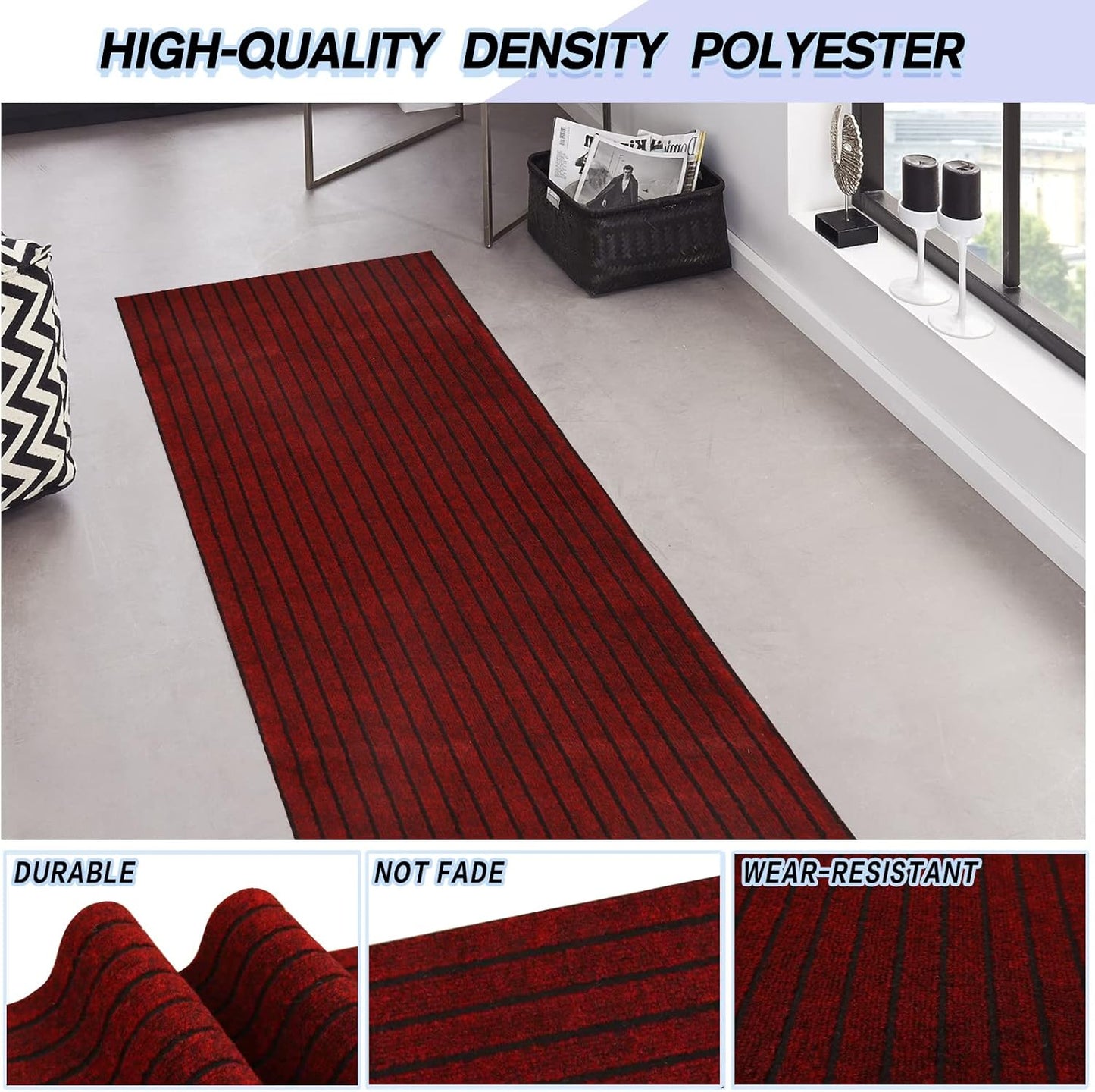 Custom Size Backed Non-Slip Area Rugs Runner, Easy Clean, Waterproof Runner Rugs for Hallway Entryway, Kitchen, Laundry, 3FT x 24FT, Red Stripe