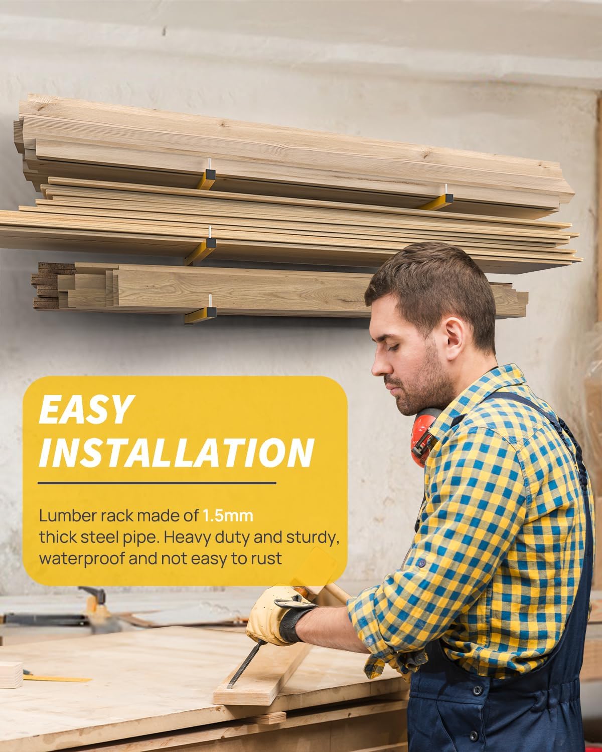 Lumber Rack Wall Mount Storage Racks Folding Wood Organizer Heavy Duty Shelf Brackets With 9-Level 1080 Lbs Capacity Yellow Metal Utility Racks Garage Wall Shelving for Indoor and Outdoor Use (6 Pack)