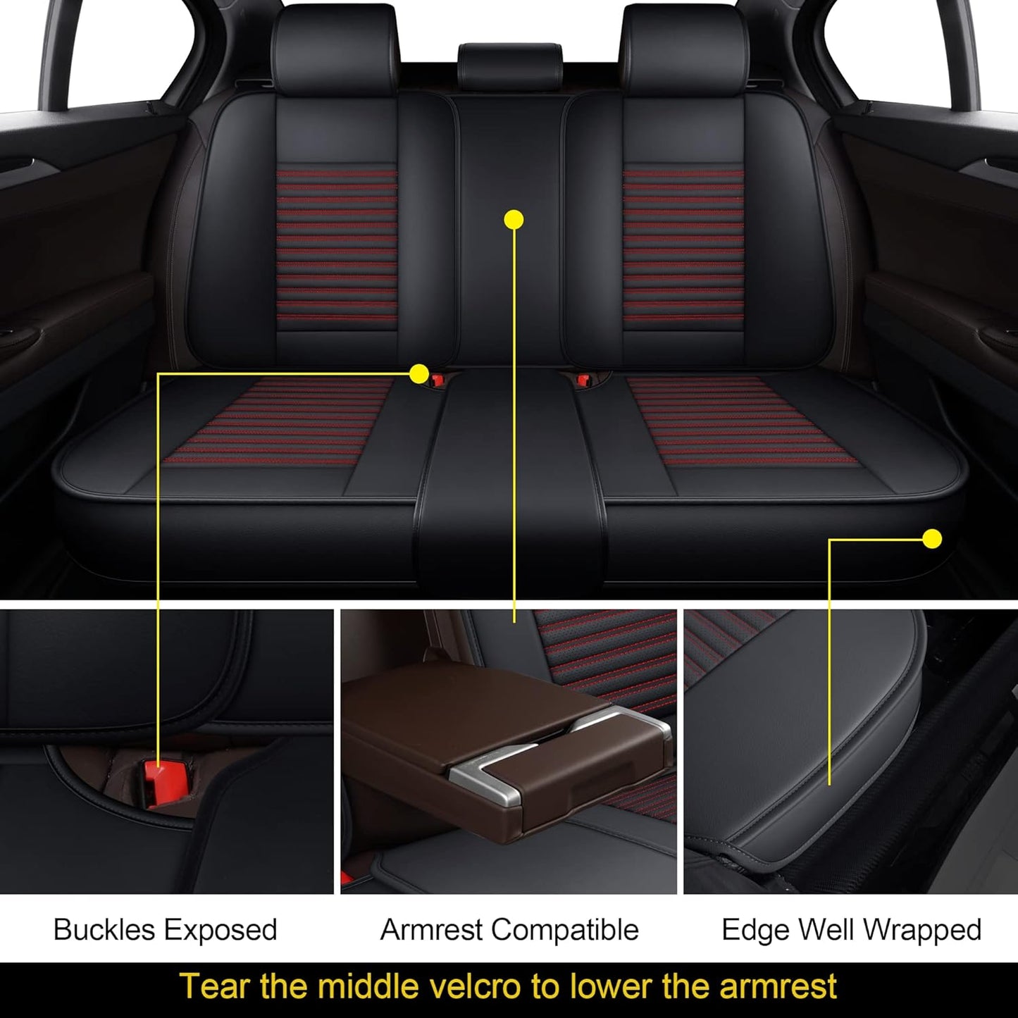 LINGVIDO Leather Car Seat Covers,Breathable and Waterproof Faux Leather Automotive Seat Covers for Cars SUV Pick-up Truck Sedan,Universal Anti-Slip Driver Seat Cover with Backrest (Rear Seat, Red)