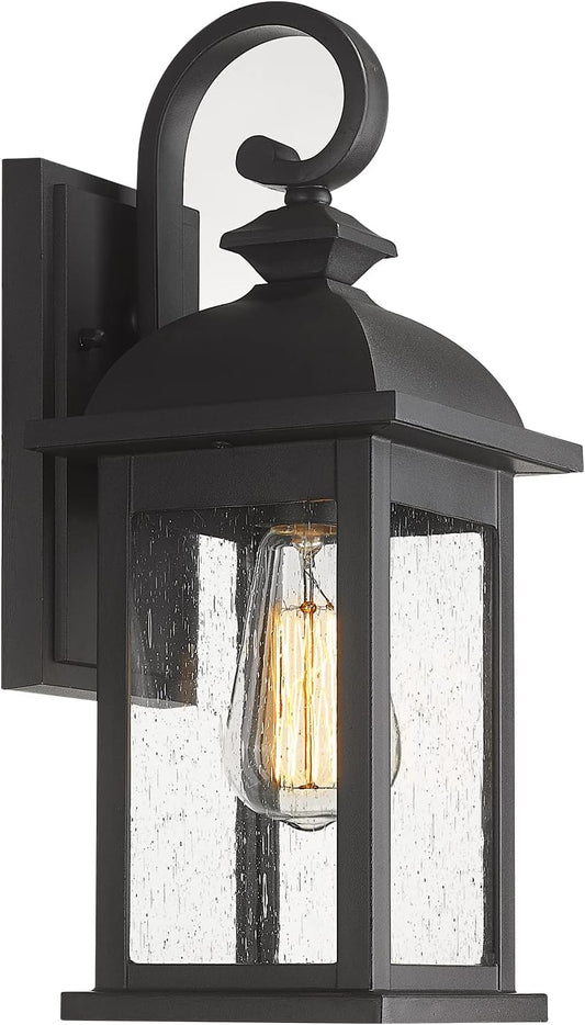 FEMILA Outdoor Wall Sconce, 14.9" Matte Black Seeded Glass Outdoor Sconce Lights, Front Porch Light Fixtures Wall Mount, Garage Lights for Patio, Entryway, Garden, E26 Base, 4FD54B BK