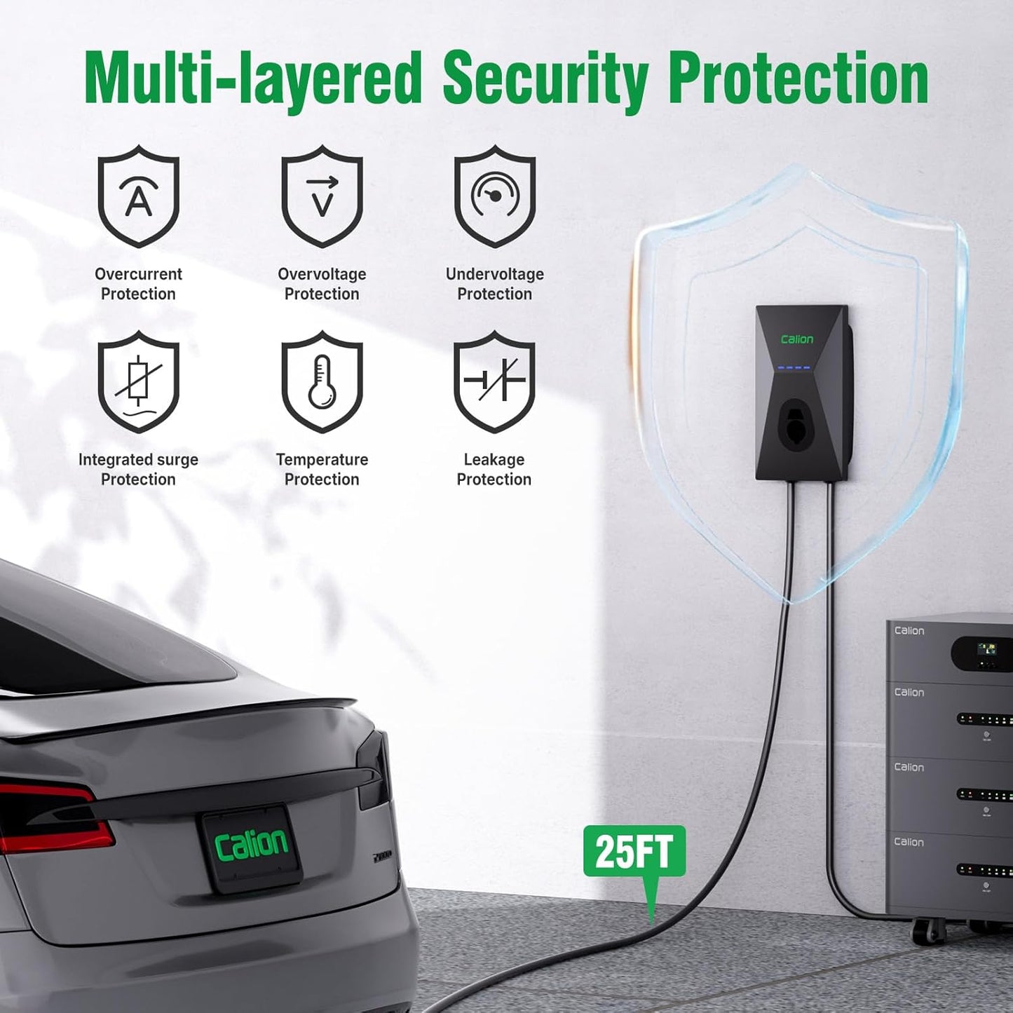 Calion Level 2 EV Charger-EV Wall-Mount Charger with 25FT Cable-Electric Vehicle Charging Station for J1772 EVs,50Amp,240V WiFi Electric Vehicle Charging Station,Hardwired for Electric Car