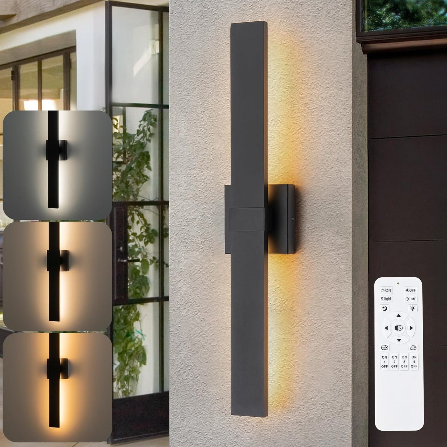 Modern Outdoor Wall Light 3CCT Dimmable LED Outdoor Sconce Lights with Remote Control(3000K 4000K 6000K), 27.2" Black Outside Light Fixtures for House Front Door Garage Porch & Patio