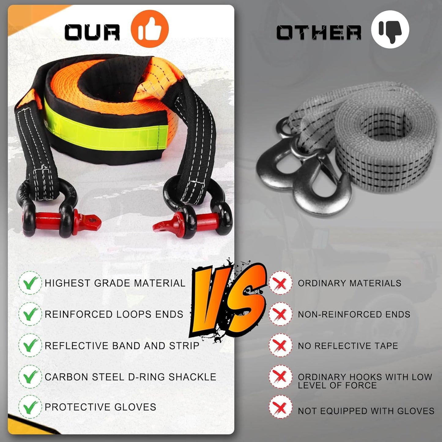 MAIKEHIGH Tow Strap Heavy Duty with Hooks, 2"×16ft 22,000Lbs Tow Rope with D-Ring Shackles (2pcs) + Protective Gloves (2pcs), Emergency Recovery Strap for Car Truck SUV ATV (Orange)