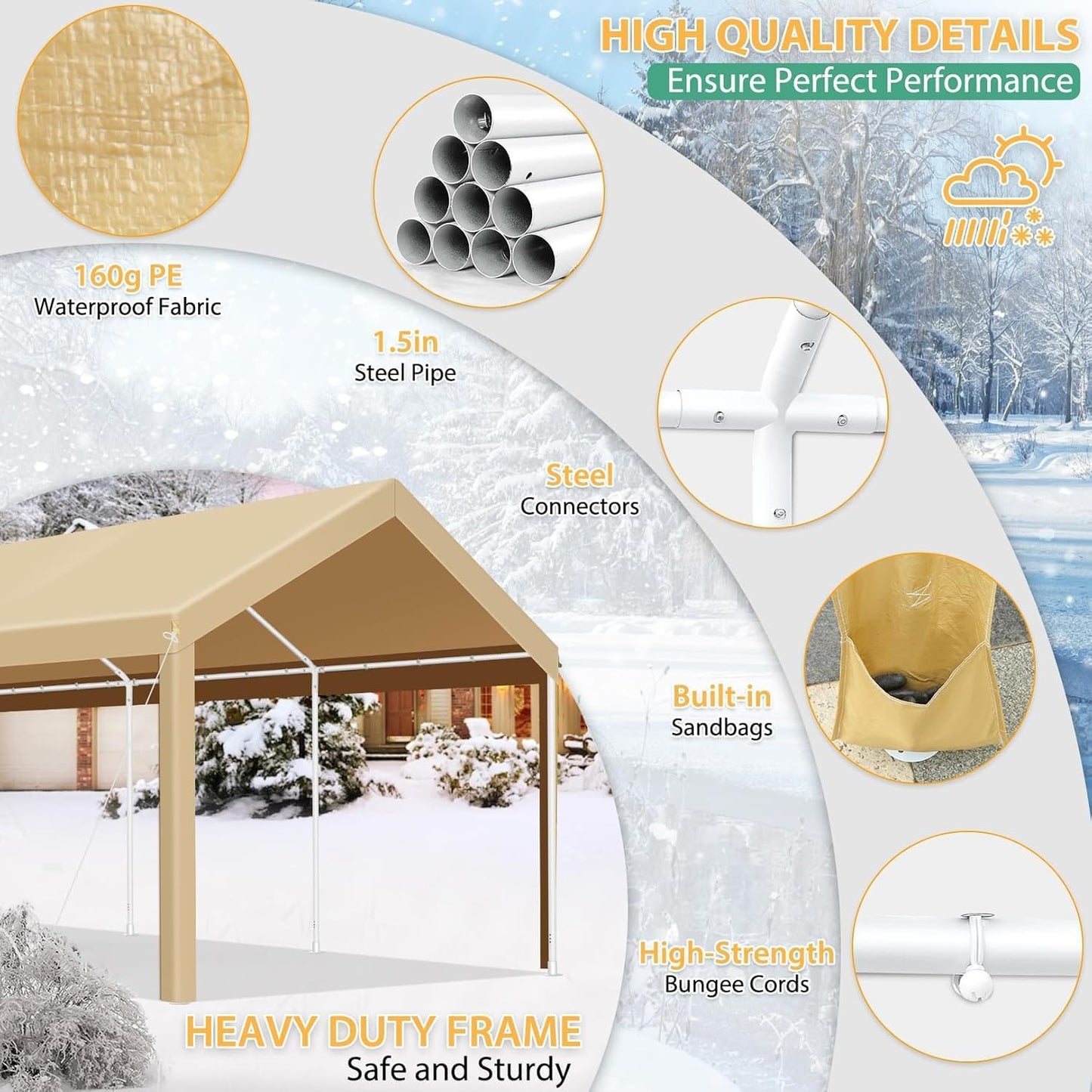 COBIZI Carport 10x20ft Heavy Duty Portable Garage, 2.0 Powder Coated Frame(Better Than Galvanized), Waterproof Shelter with Removable Sidewalls & Windows, Built-in Sandbags, for Car/Boat/SUV, Khaki