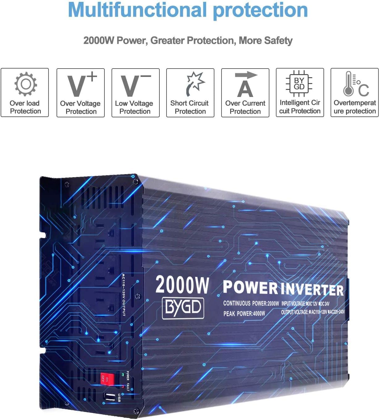 BYGD 2000W Power Inverter 12V DC to 110V AC Inverter Converter with 4 AC Outlets Dual 2.1A USB Ports for Home, RV, Boat, Truck, Off-Grid Solar System