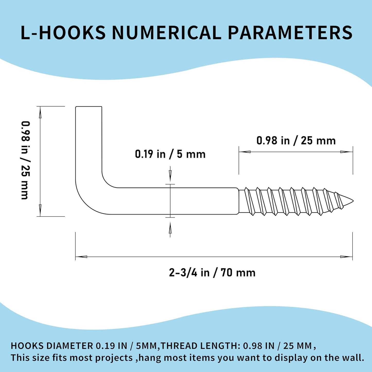 304 Stainless Steel 2-3/4 in Screw-in Hooks 20 Pcs,7 Shape Screw Hooks,Right Angle Medal Hooks l Shaped Screw in Hooks for Hanging