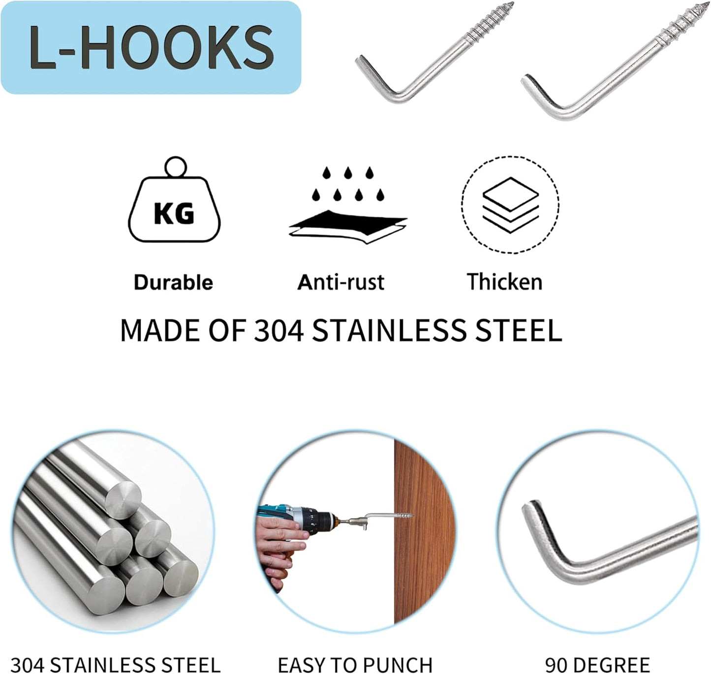304 Stainless Steel 2 in Screw-in Hooks 60 Pcs,7 Shape Screw Hooks,Right Angle Medal Hooks l Shaped Screw in Hooks for Hanging