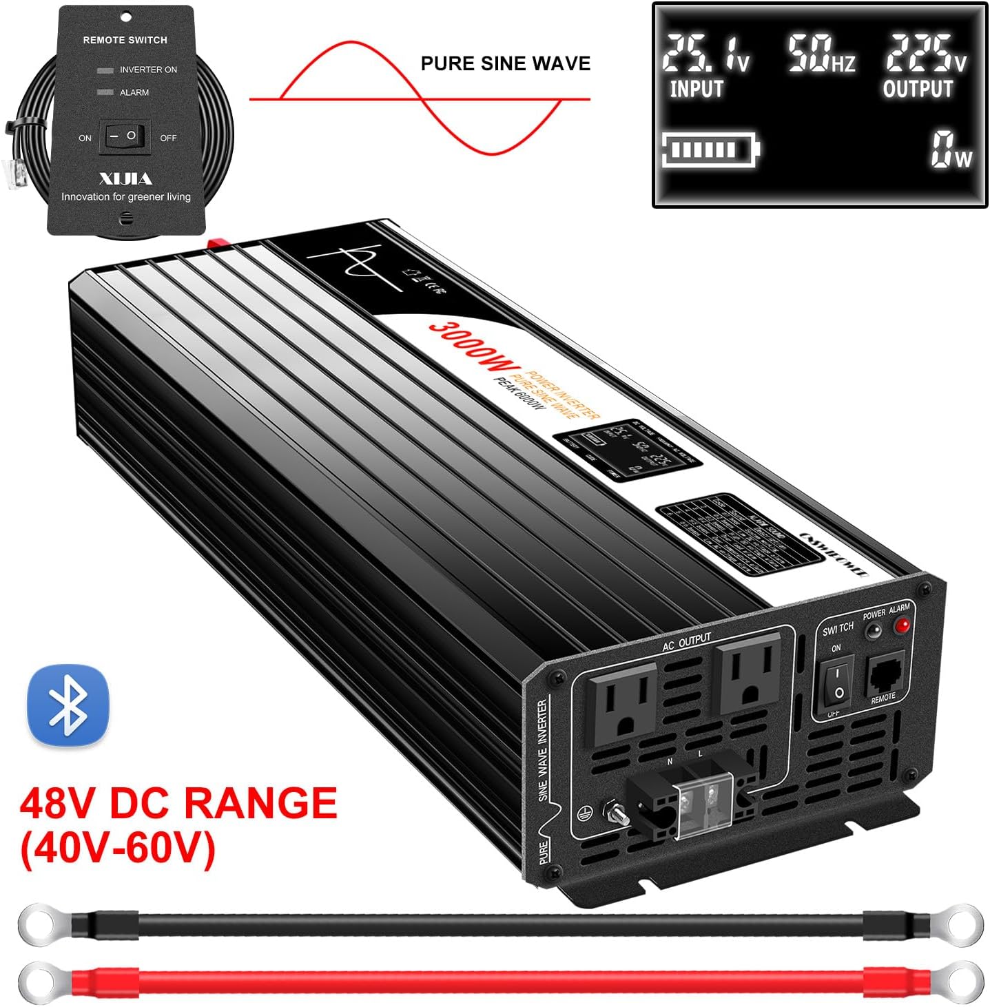 Xijia LCD-Display 3000W (Peak Power 6000W) dc 48v to 110V 120V ac 60HZ Pure sine Wave Solar Inverter for Home RV &Camping (DC48V (Range 40V-60V) 3000W)