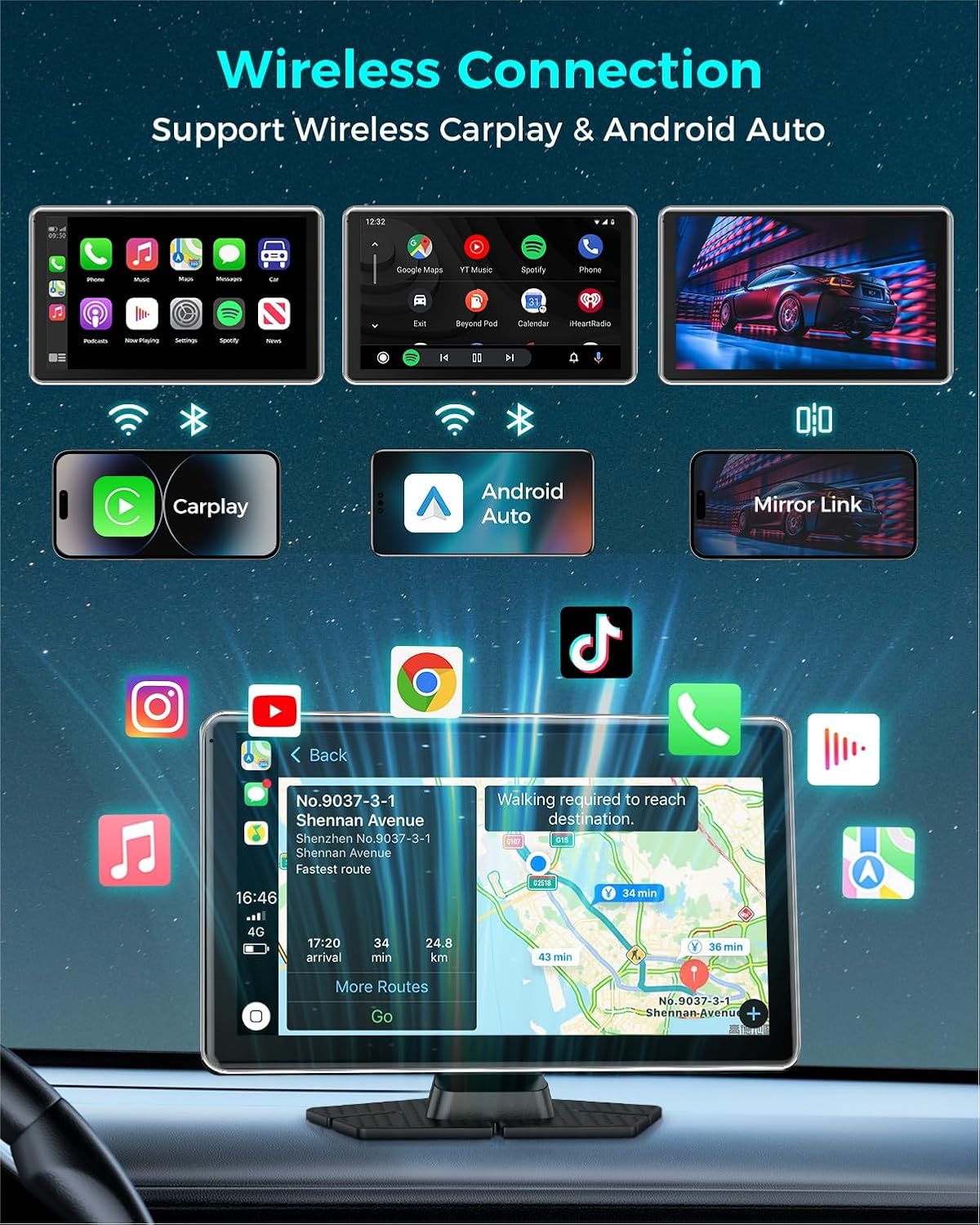 Wireless Carplay with 4K Dash Cam, 9" Portable Carplay Screen for Car, Apple Carplay & Android Auto Car Satellite Radio with 1080P Backup Camera, GPS Navigation/Mirror Link/Voice Control/Bluetooth