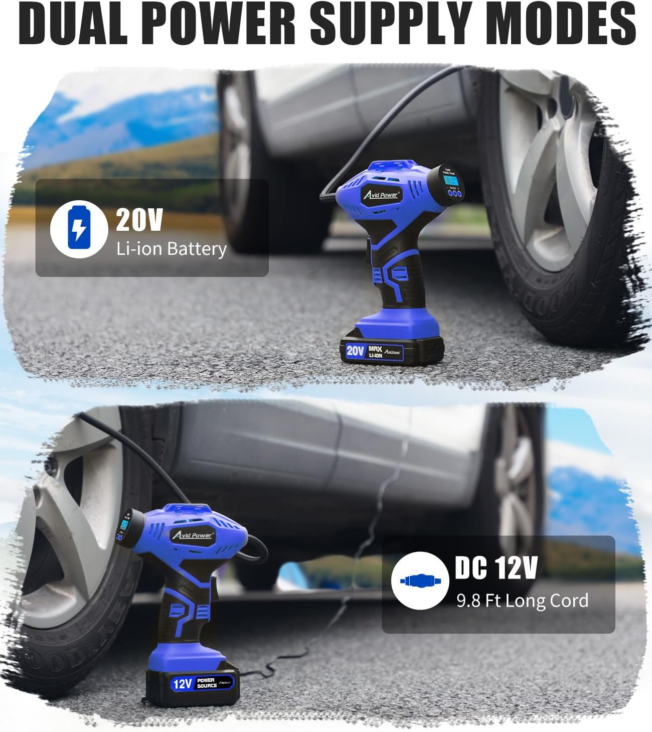 AVID POWER Cordless Tire Inflator Portable Air Compressor, 20V Rechargeable Battery Powered Car Tire Pump w/ 12V DC Adapter, Digital Pressure Gauge, Air Pump for Car, Bike, Motorcycle, Ball