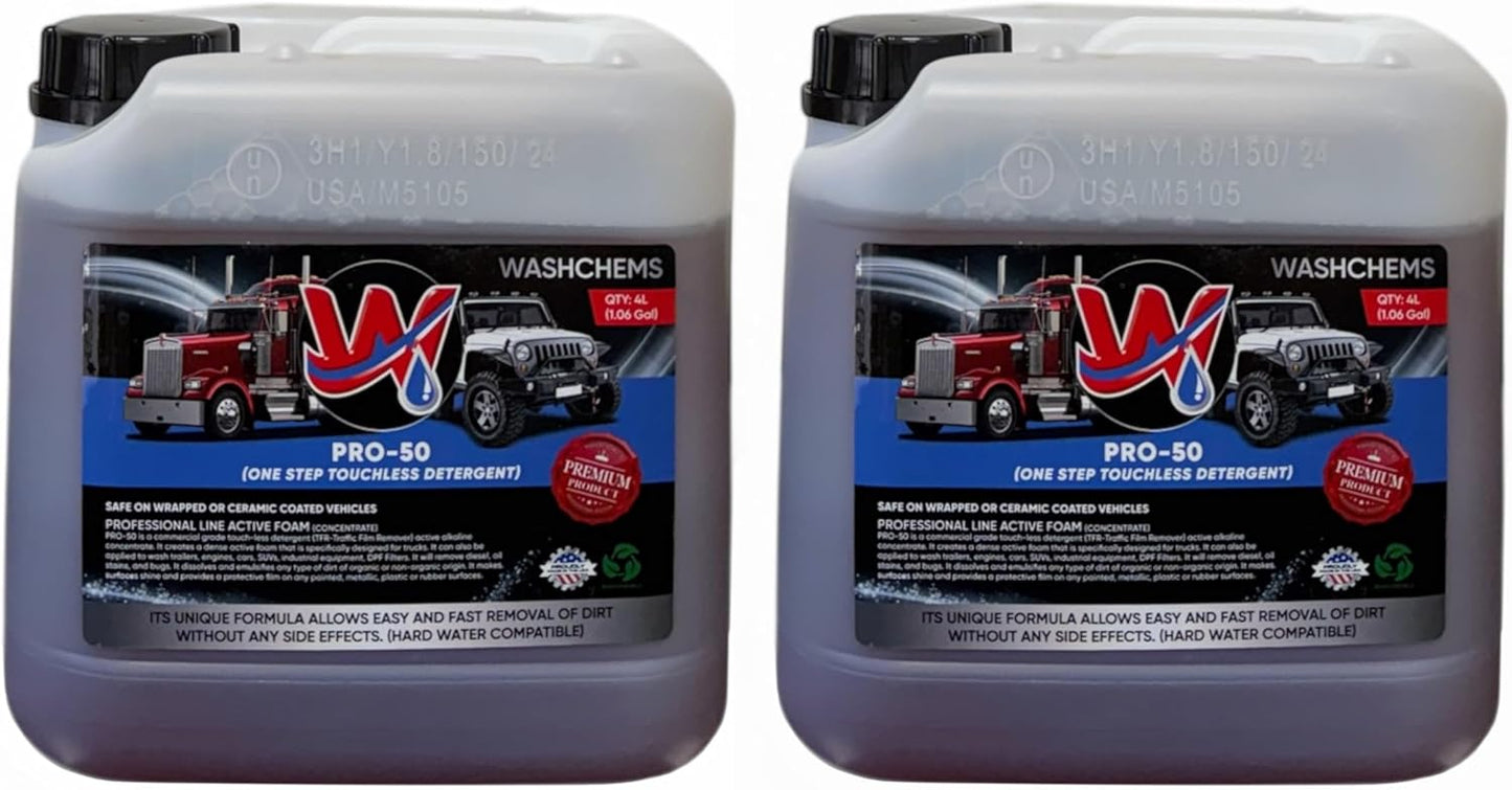 Wash Chems Pro 50 Touchless Car Wash Detergent Soap Concentrate No Brushing, Commercial Grade Professional Auto Foam Cleaner Also Great for Trucks & Tractors (2, 1 gallon)