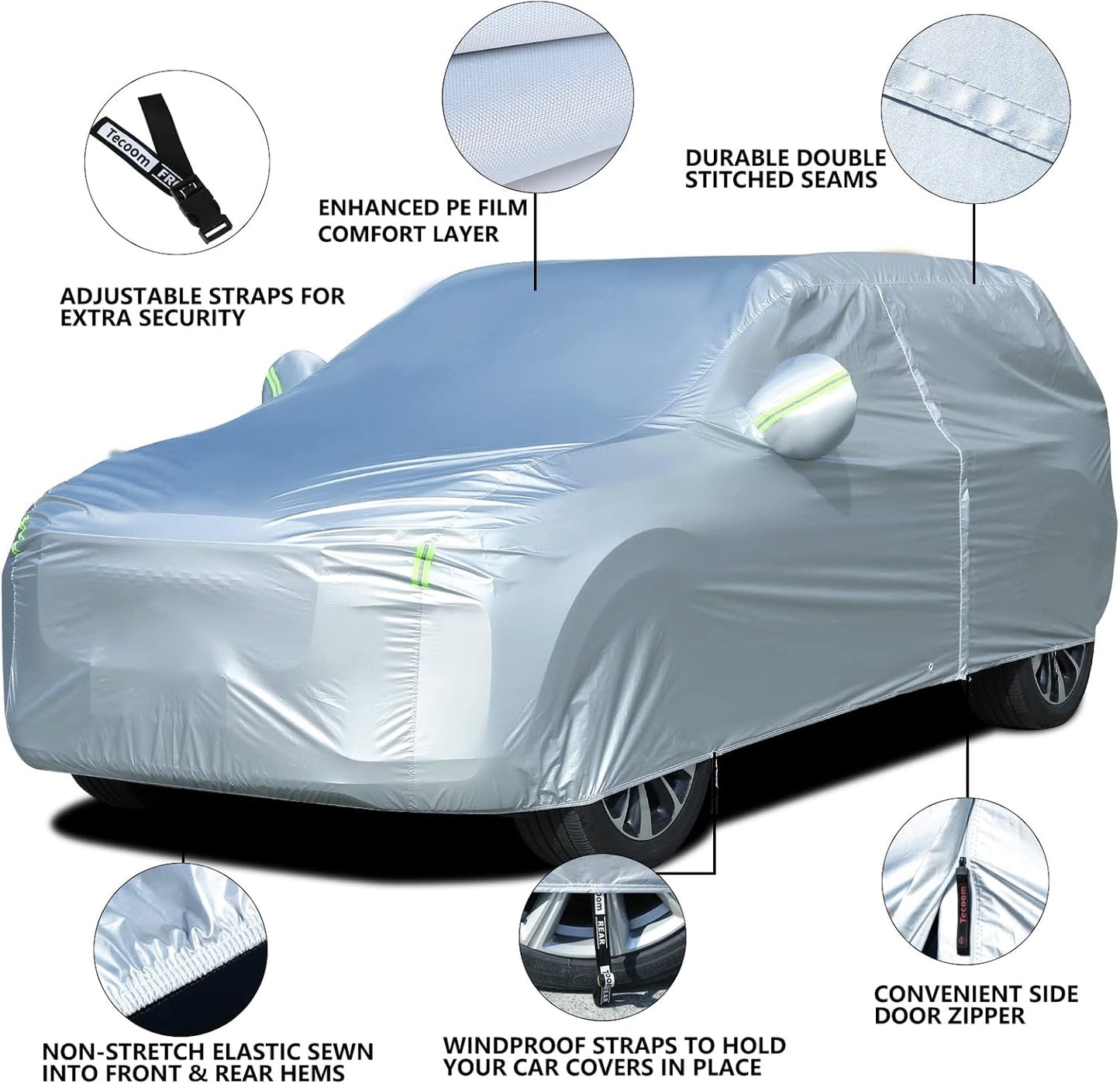 Tecoom Light Shell Waterproof UV-Proof Windproof Car Cover Classic Zipper Design for All Weather Indoor Outdoor Fit 206-215 Inches Full-Size SUV