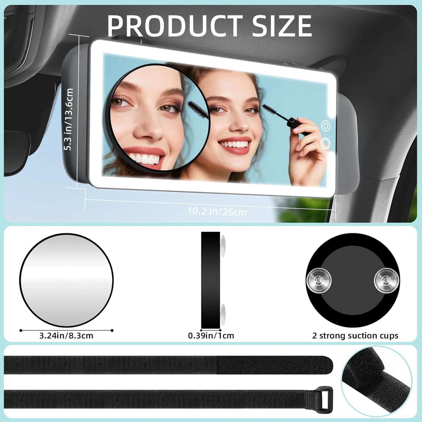 Car Sun Visor Vanity Mirror,Rechargeable Led Dimmable Makeup Mirror,With 10x and 30x magnification,3 Light Modes