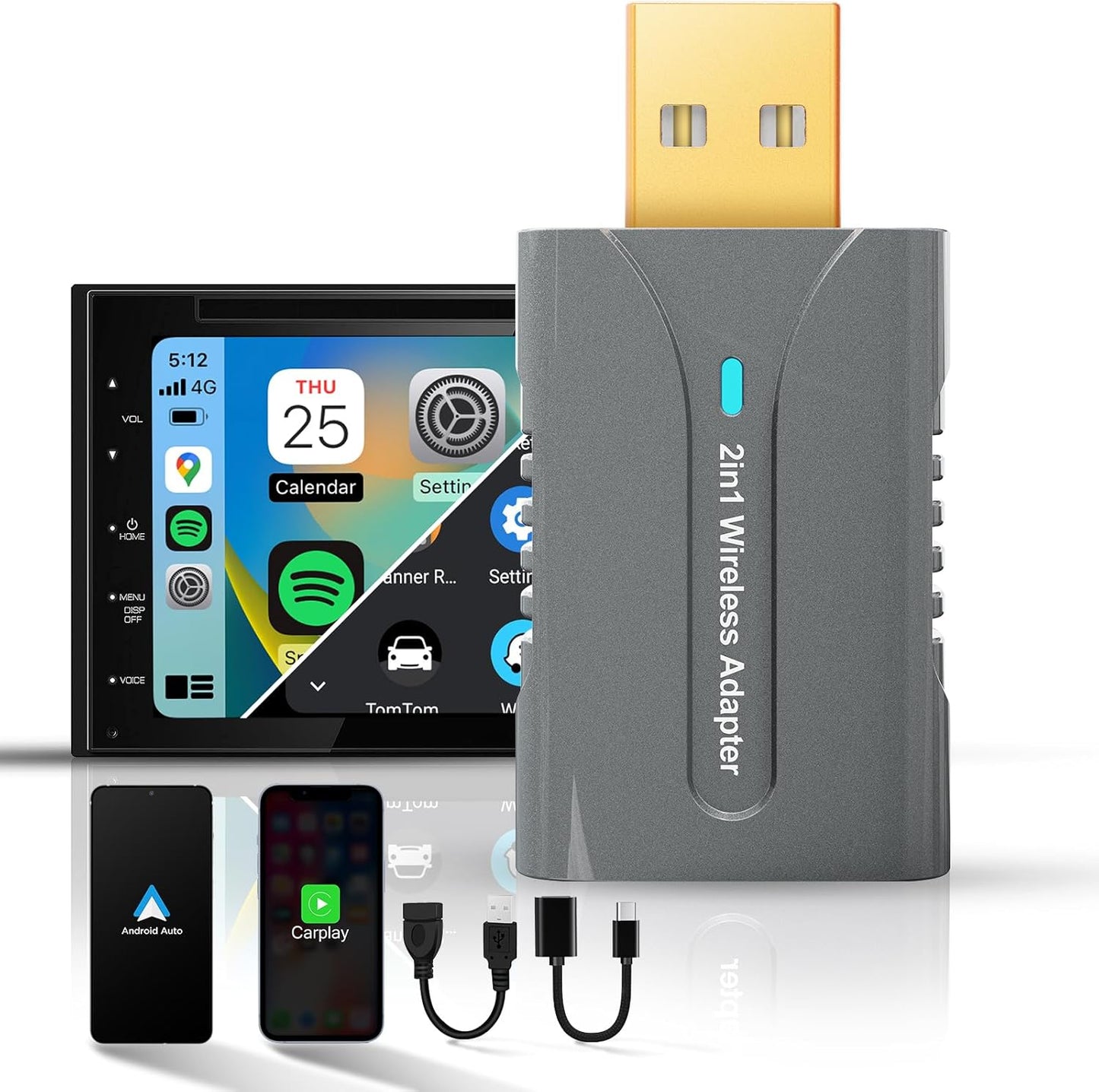 2in1 CarPlay Android Auto Wireless Adapter, Mini Car Play Cars Stick, Fast Auto Connection for OEM Wired CarPlay Car Model 2017 Above, for iPhone iOS 12 /Android 11 Above, Silver