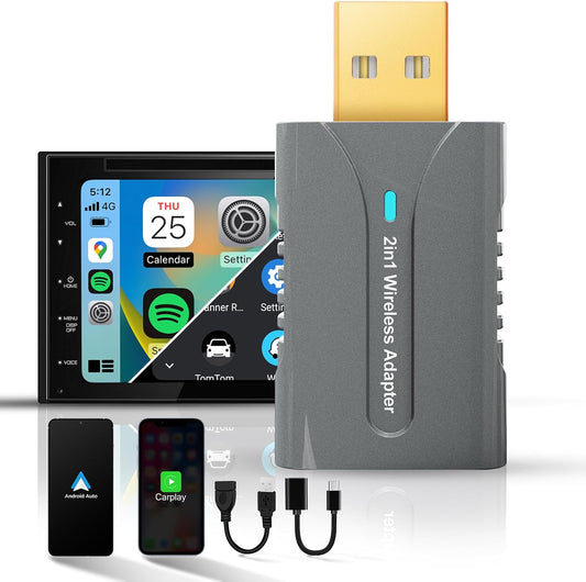 2in1 CarPlay Android Auto Wireless Adapter, Mini Car Play Cars Stick, Fast Auto Connection for OEM Wired CarPlay Car Model 2017 Above, for iPhone iOS 12 /Android 11 Above, Silver