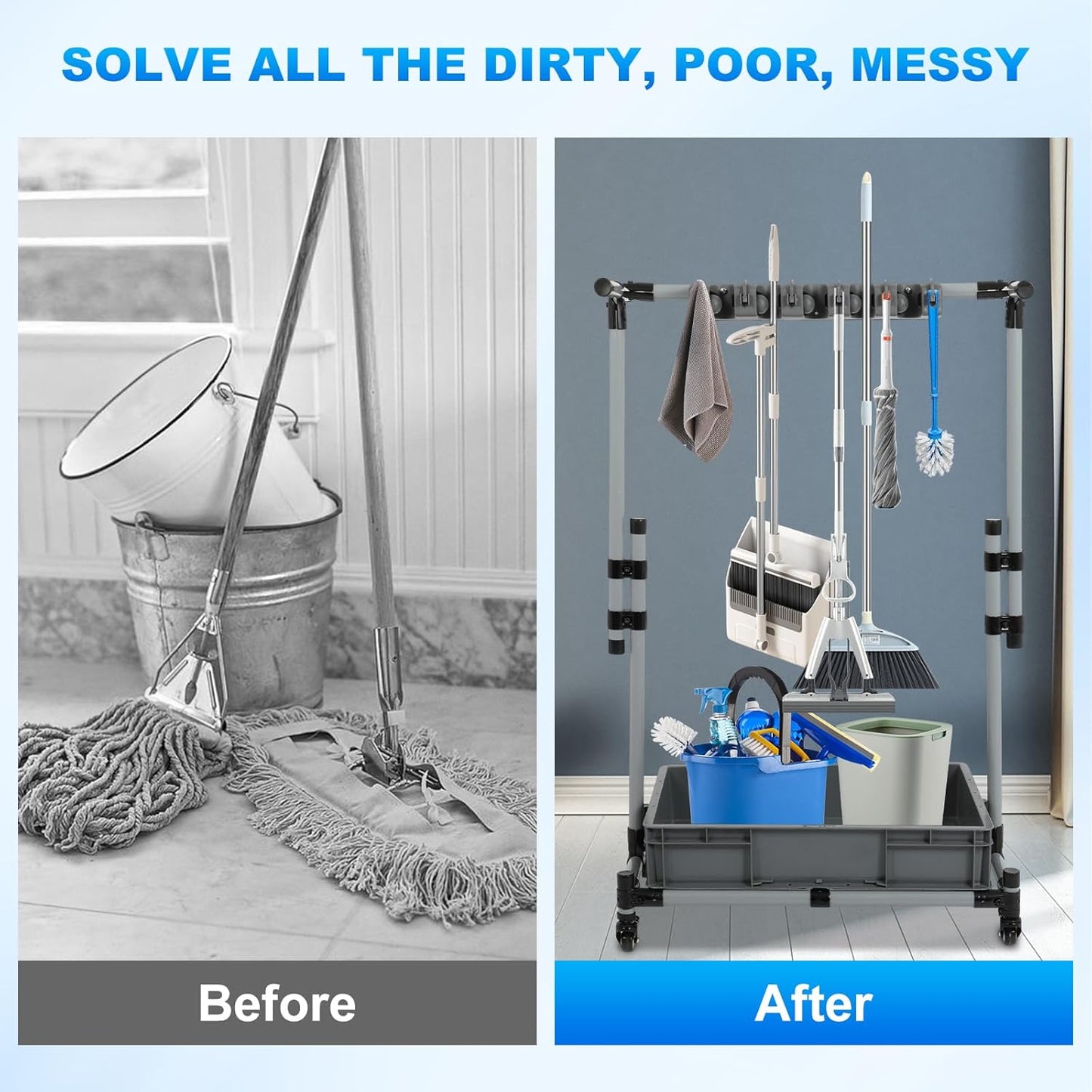 Broom and Mop Holder Freestanding Mobile Cleaning Tool Storage Rack,Floor Standing Cleaning Tool Cart Storage for Garden Garage Schools, Hospitals