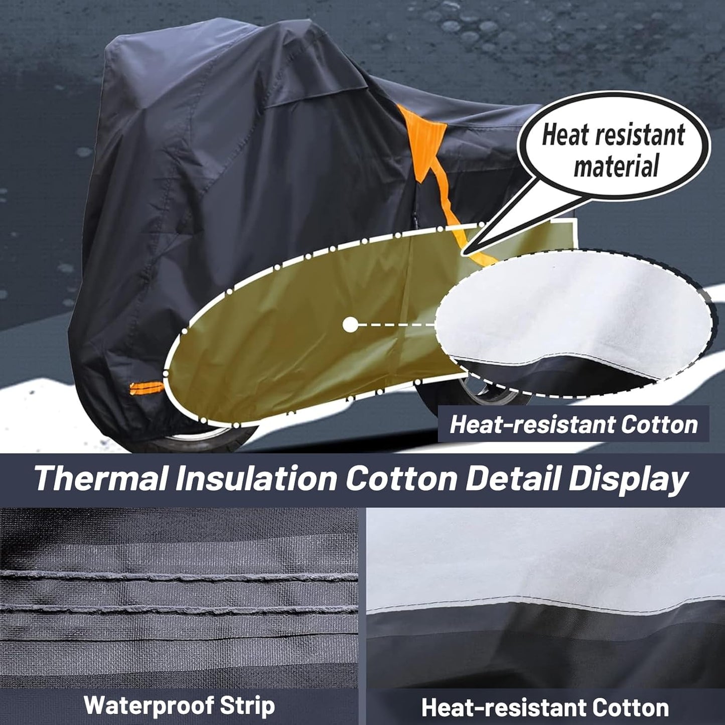 Motorcycle Cover,Waterproof Zipper Outdoor Cover for All Seasons Windproof, High Heat Resistance Dustproof and Rainproof Snowproof(Orange Zipper XXL Fits Up to 108 inch)