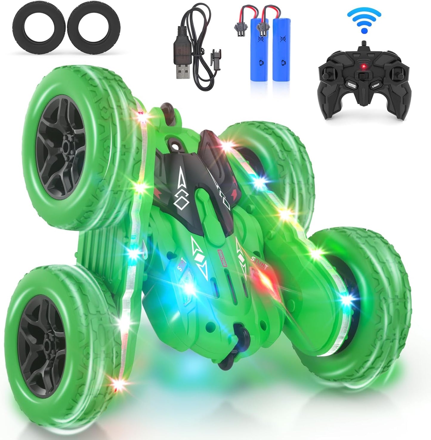 Remote Control Car, RC Cars, RC Stunt Car Toys New Upgraded Strip Light & Headlight, 6000mAH, 4WD 360° Rotating, Double Sided, Toy for Boys Girls Christmas Birthday Gift